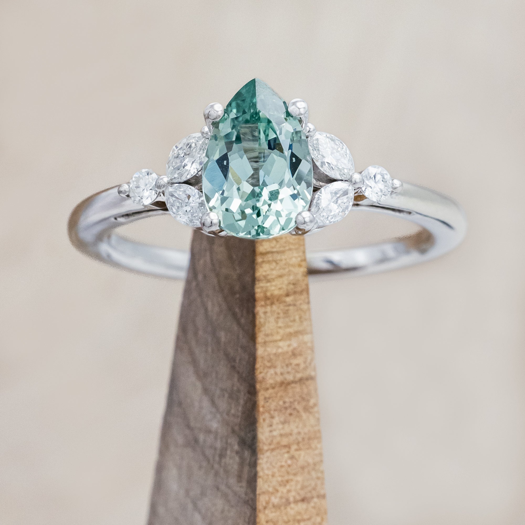 "BLOSSOM" - PEAR CUT LAB-GROWN GREEN SAPPHIRE ENGAGEMENT RING WITH DIAMOND ACCENTS-Staghead Designs