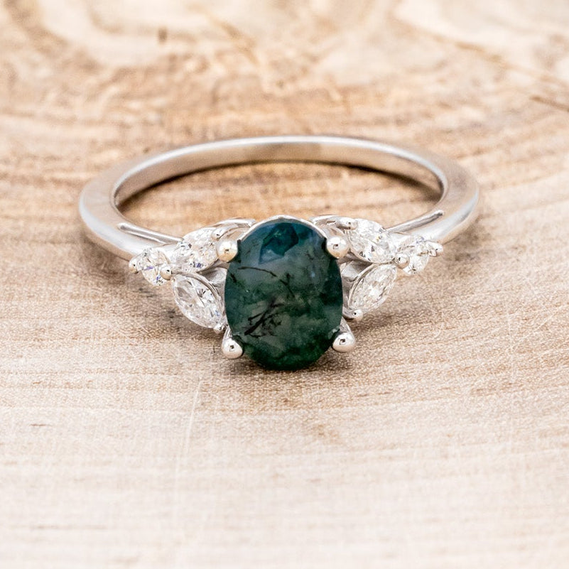 "BLOSSOM" - OVAL-CUT MOSS AGATE ENGAGEMENT RING WITH LEAF-SHAPED DIAMOND ACCENTS-16