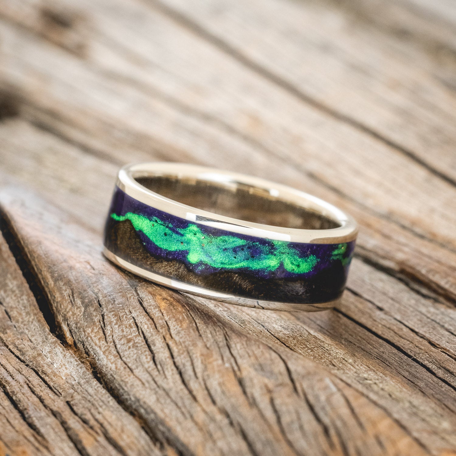 "BOREALIS" - MOUNTAIN ENGRAVED WEDDING RING WITH DARK MAPLE WOOD & GLOW IN THE DARK NORTHERN LIGHTS-28