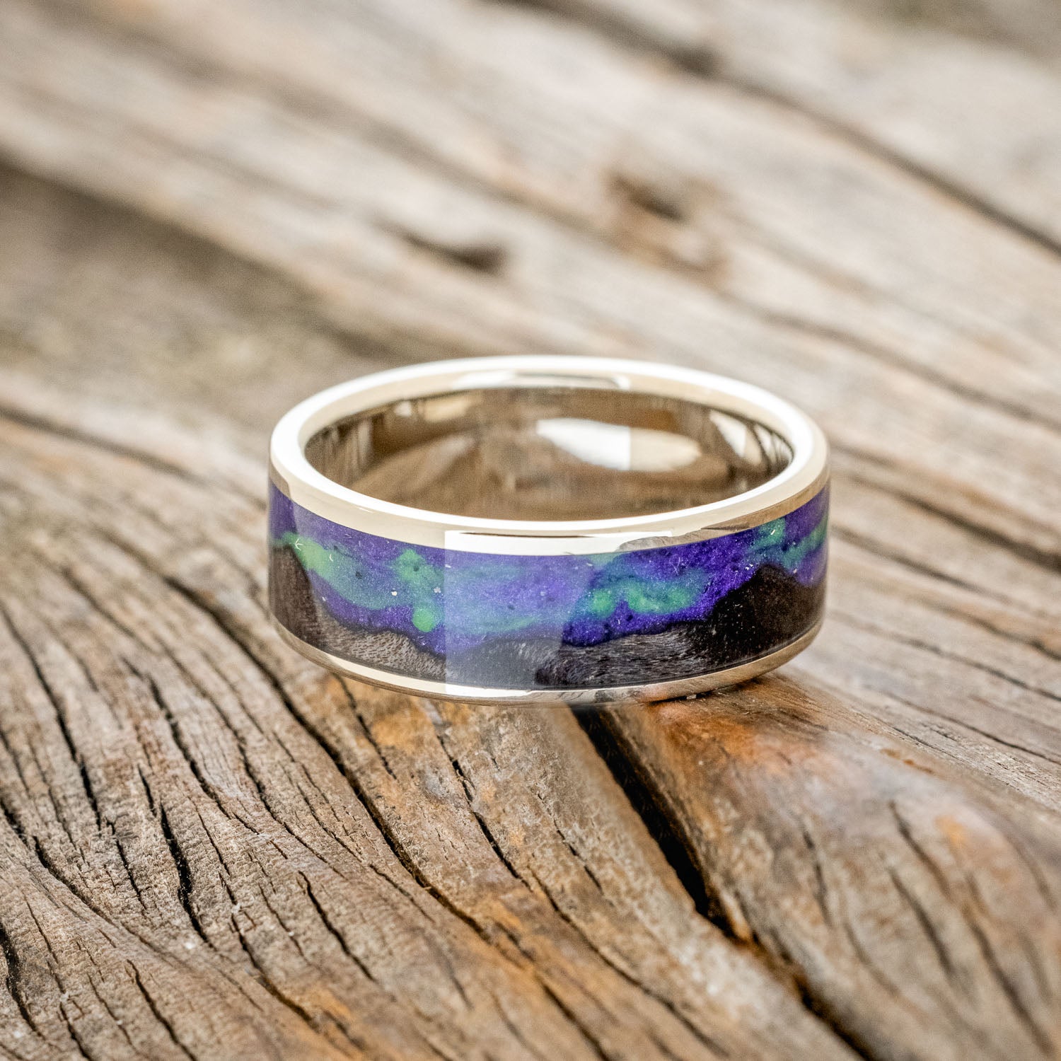 "BOREALIS" - MOUNTAIN ENGRAVED WEDDING RING WITH DARK MAPLE WOOD & GLOW IN THE DARK NORTHERN LIGHTS-26