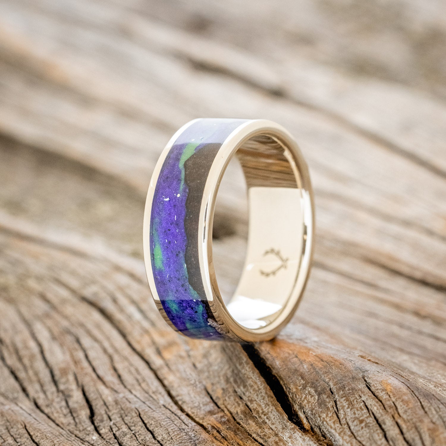 "BOREALIS" - MOUNTAIN ENGRAVED WEDDING RING WITH DARK MAPLE WOOD & GLOW IN THE DARK NORTHERN LIGHTS-24