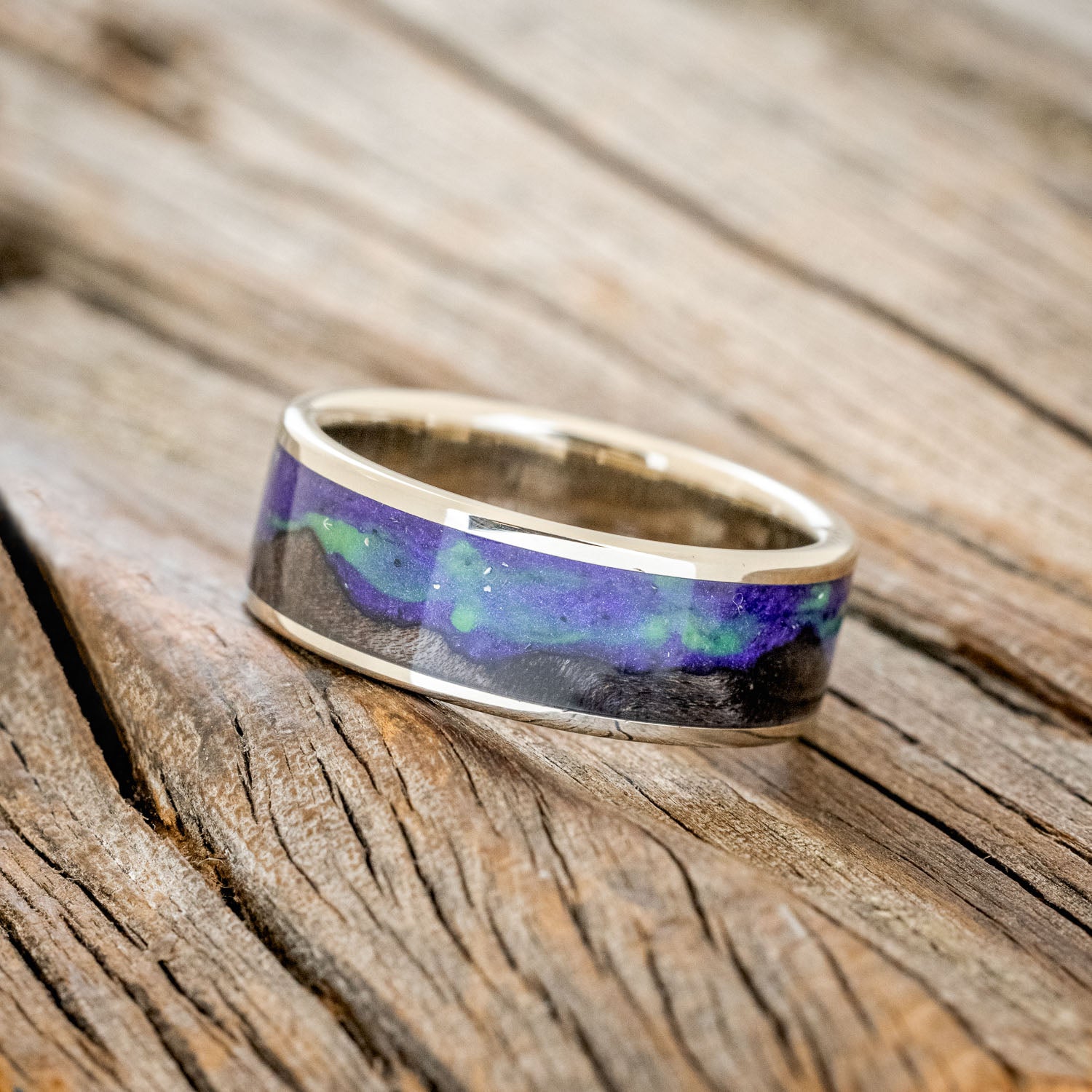 "BOREALIS" - MOUNTAIN ENGRAVED WEDDING RING WITH DARK MAPLE WOOD & GLOW IN THE DARK NORTHERN LIGHTS-25