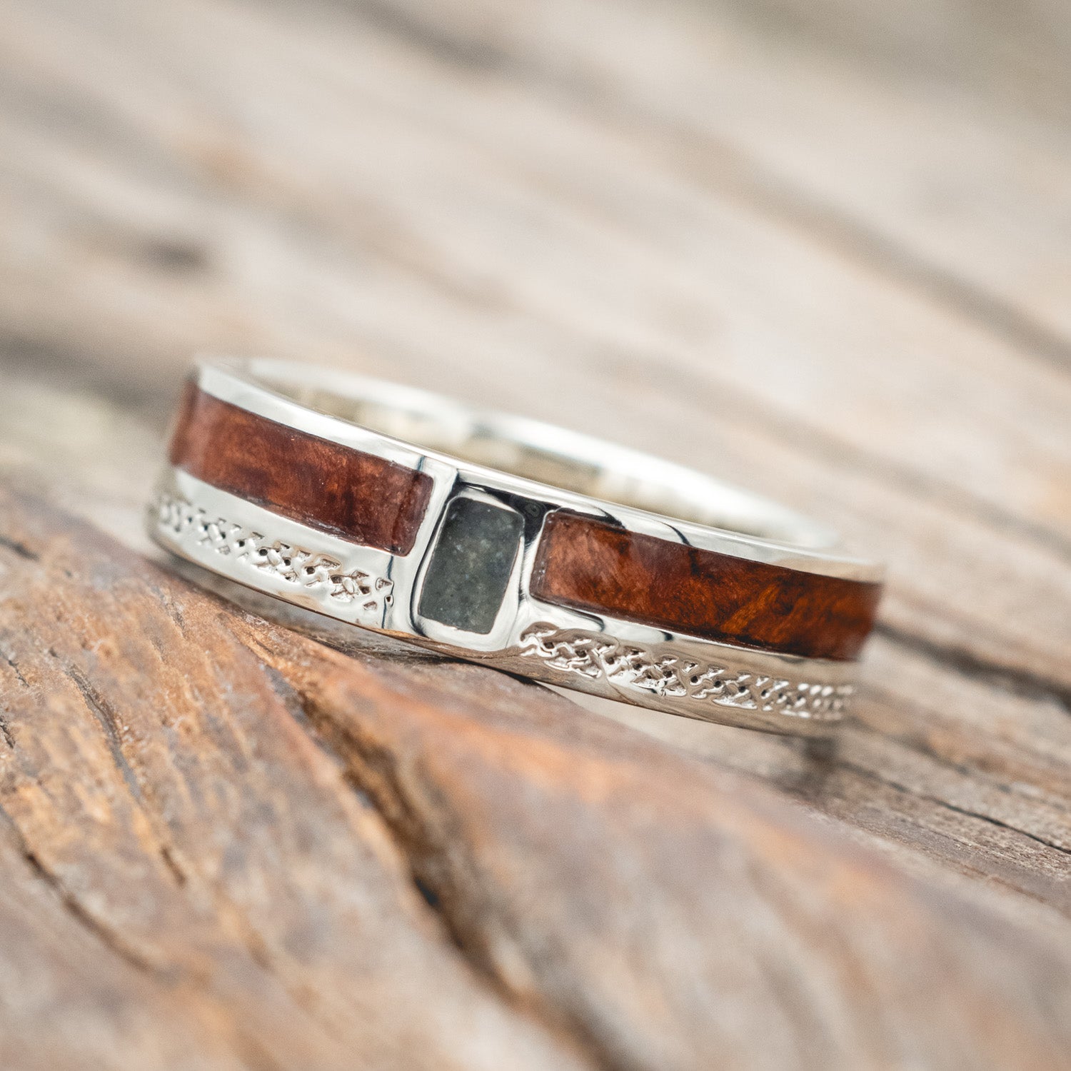 "BOWER" - REDWOOD & MOSS AGATE WEDDING BAND WITH CELTIC SAILOR'S KNOT ENGRAVINGS-Staghead Designs