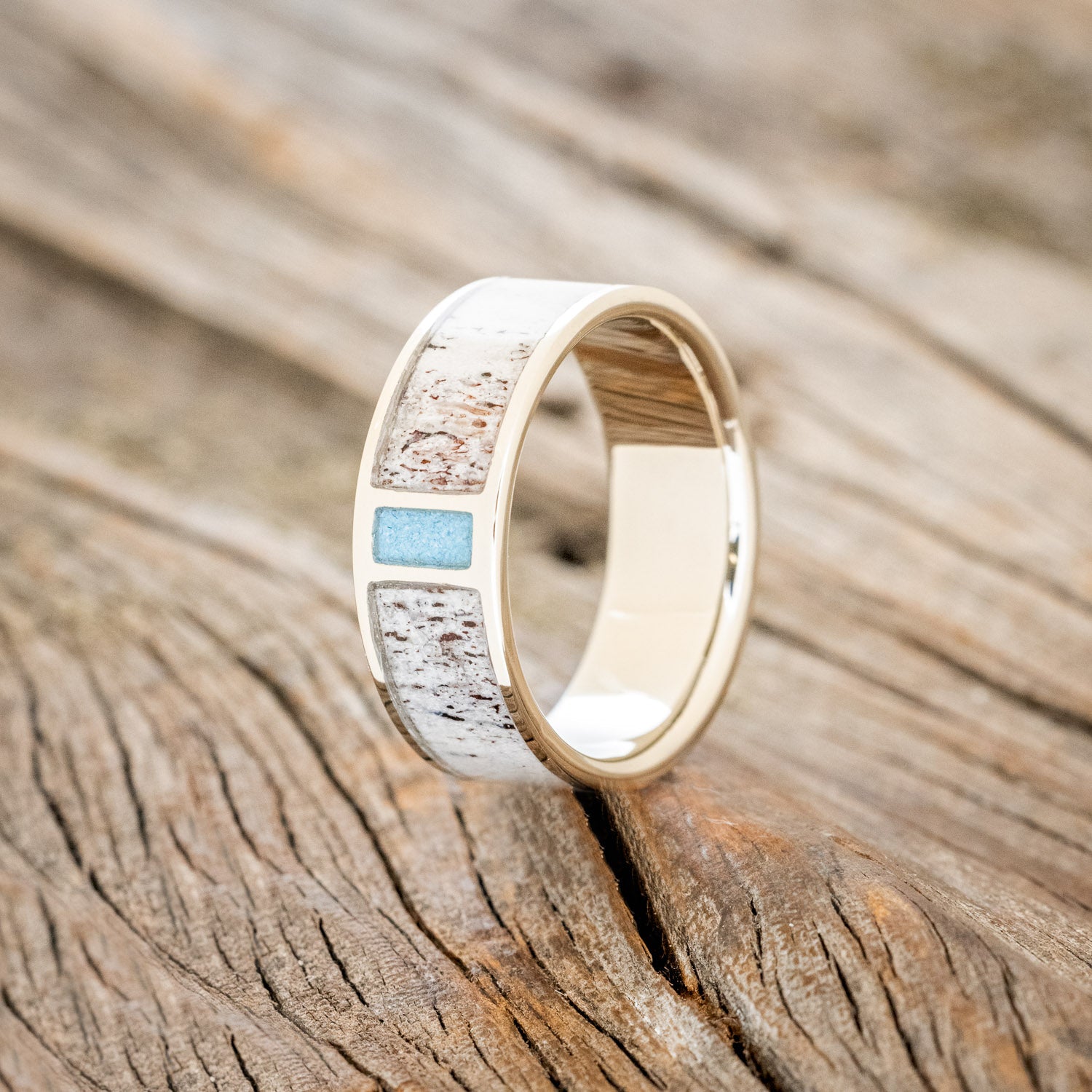 "CASPIAN" - MATCHING SET OF ANTLER & TURQUOISE WEDDING BANDS-9
