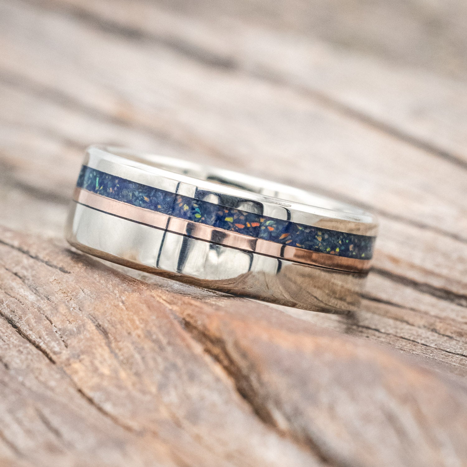 "CASTOR" - LAPIS LAZULI & FIRE & ICE OPAL MIXTURE WITH A 14K GOLD INLAY WEDDING RING-Staghead Designs