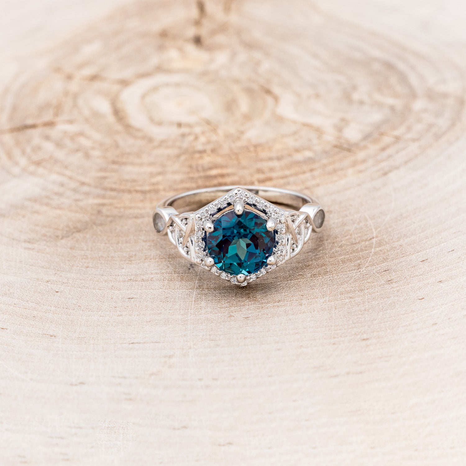 "LUCY IN THE SKY" - ROUND CUT LAB-GROWN ALEXANDRITE ENGAGEMENT RING WITH CELTIC KNOT ENGRAVINGS & MOTHER OF PEARL INLAYS-4