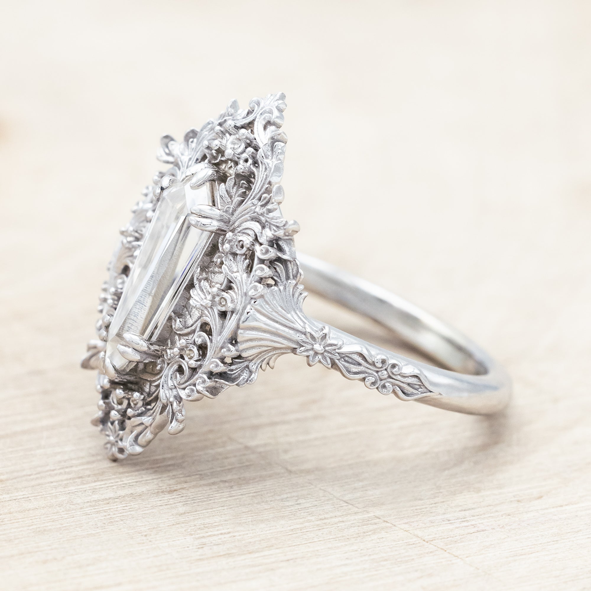 "CHERIE" - ROCOCO-STYLE DAGGER CUT MOISSANITE ENGAGEMENT RING WITH DIAMOND ACCENTS-Staghead Designs