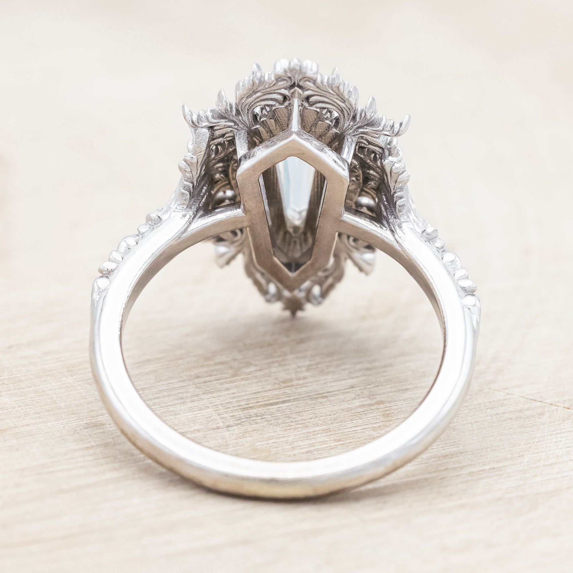 "CHERIE" - ROCOCO-STYLE DAGGER CUT MOISSANITE ENGAGEMENT RING WITH DIAMOND ACCENTS-Staghead Designs