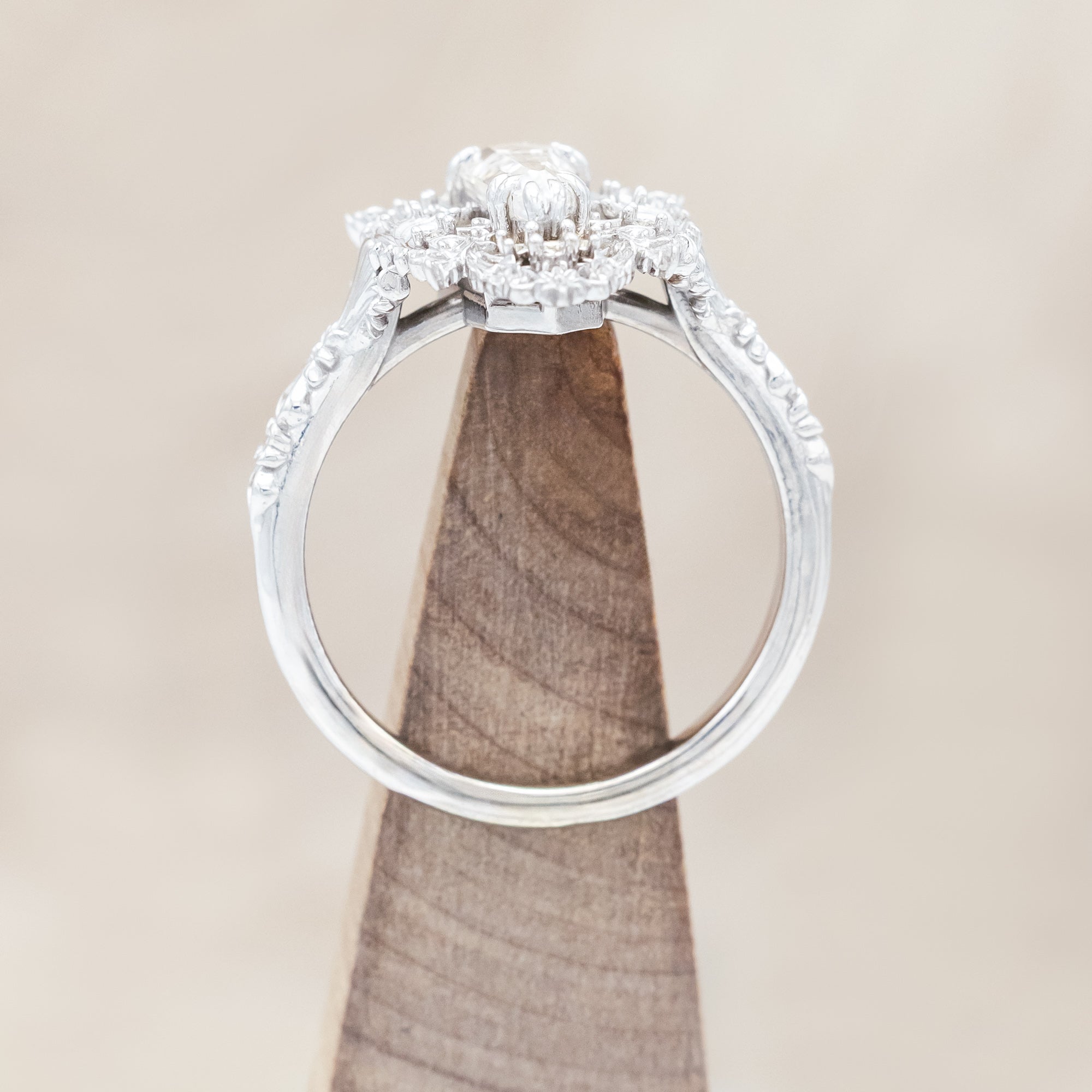 "CHERIE" - ROCOCO-STYLE DAGGER CUT MOISSANITE ENGAGEMENT RING WITH DIAMOND ACCENTS-Staghead Designs