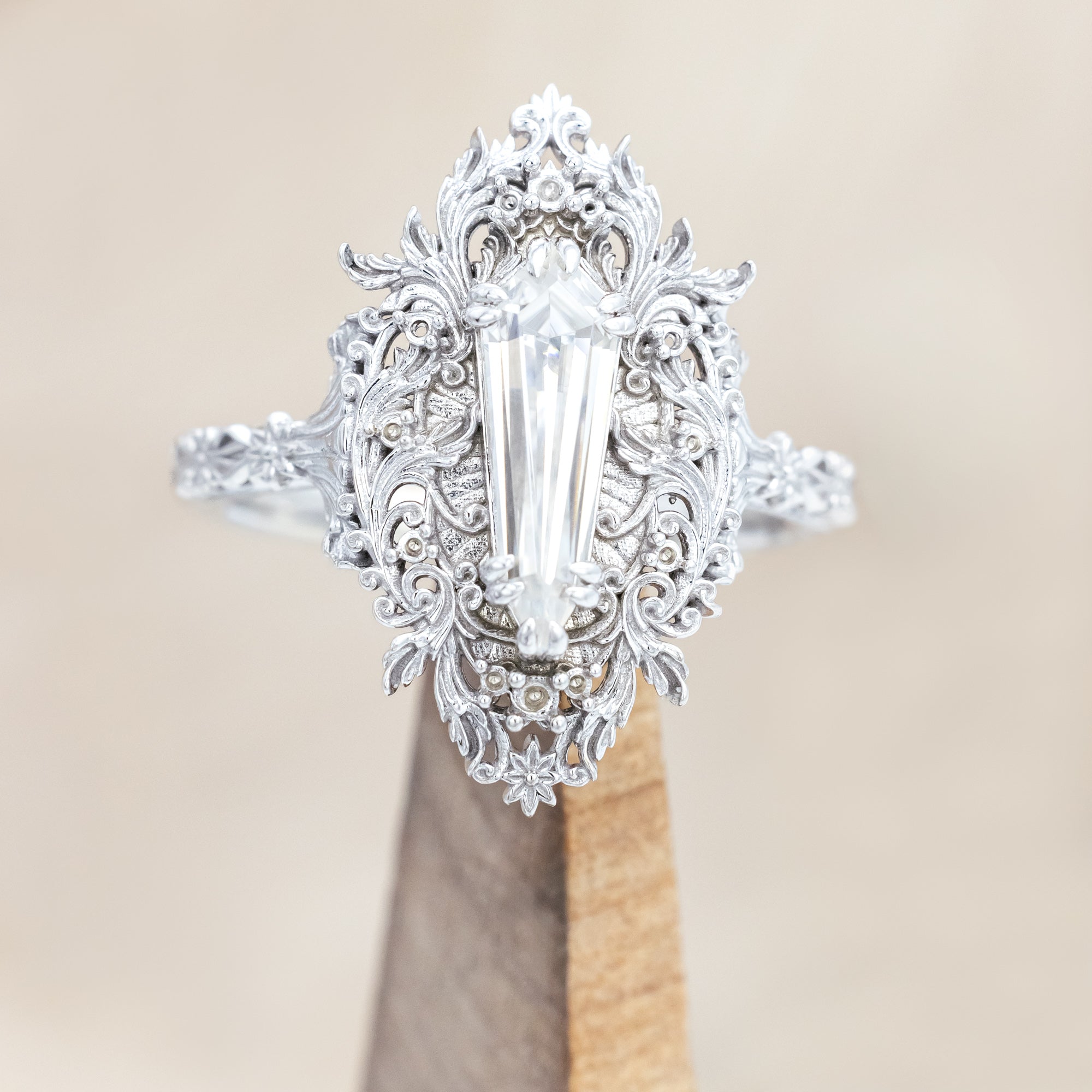 "CHERIE" - ROCOCO-STYLE DAGGER CUT MOISSANITE ENGAGEMENT RING WITH DIAMOND ACCENTS-Staghead Designs
