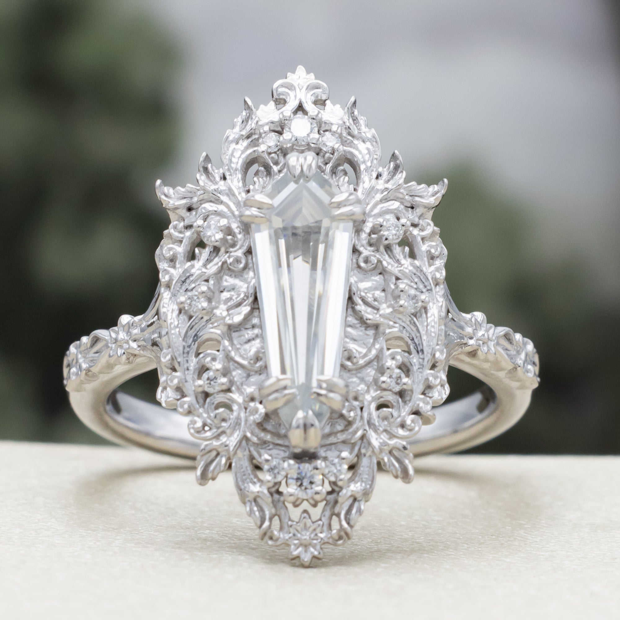 "Cherie" - Rococo-Style Dagger Cut Moissanite Engagement Ring With Diamond Accents-Staghead Designs