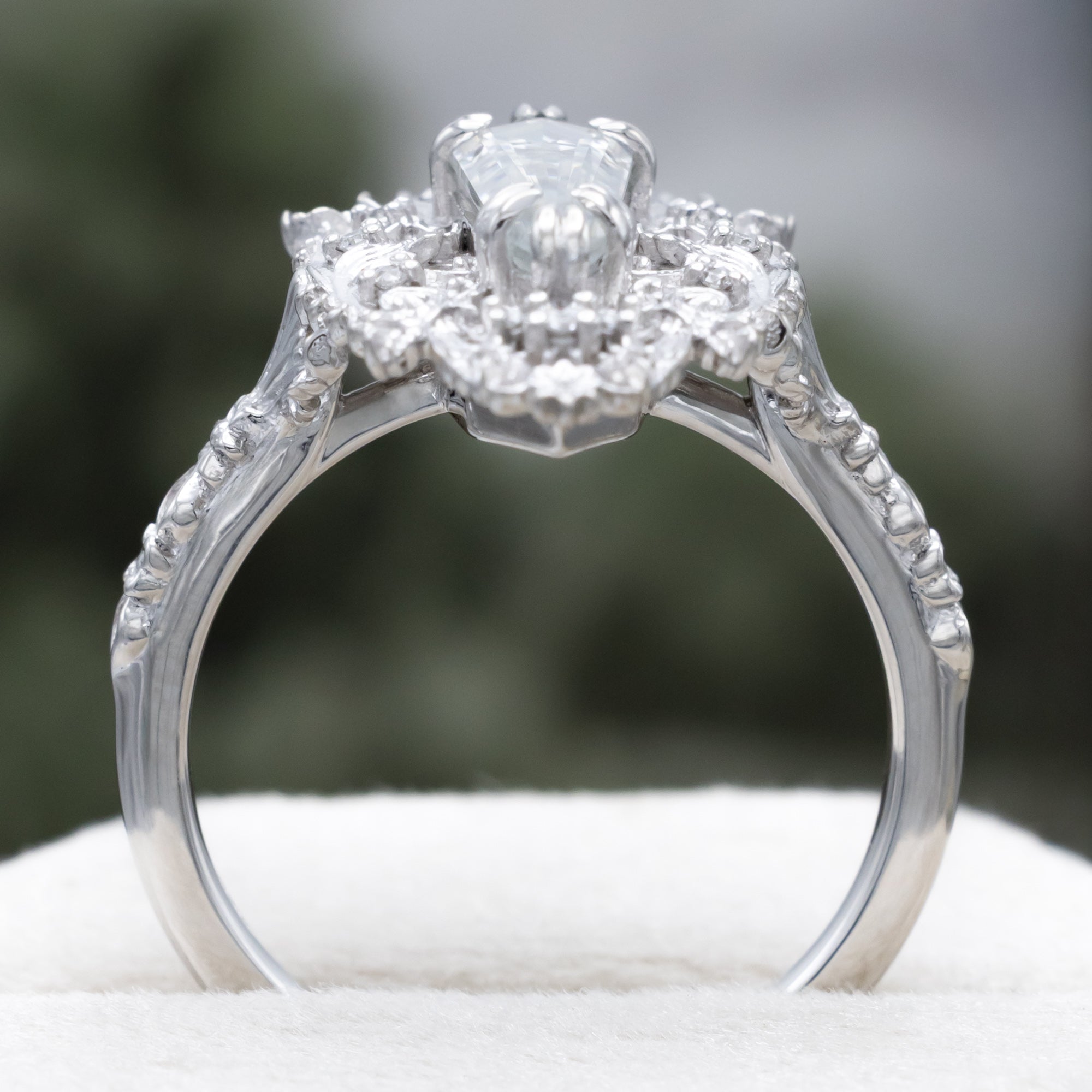 "Cherie" - Rococo-Style Dagger Cut Moissanite Engagement Ring With Diamond Accents-Staghead Designs