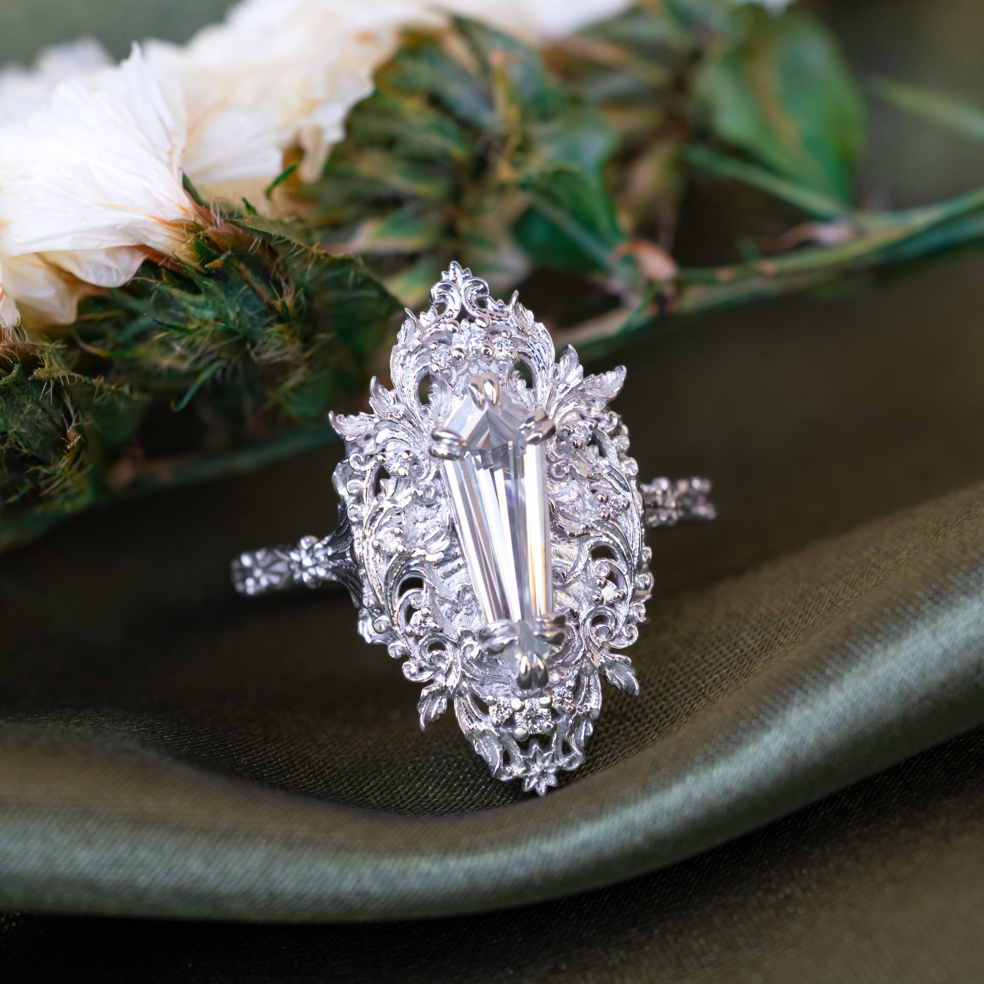 "Cherie" - Rococo-Style Dagger Cut Moissanite Engagement Ring With Diamond Accents-Staghead Designs