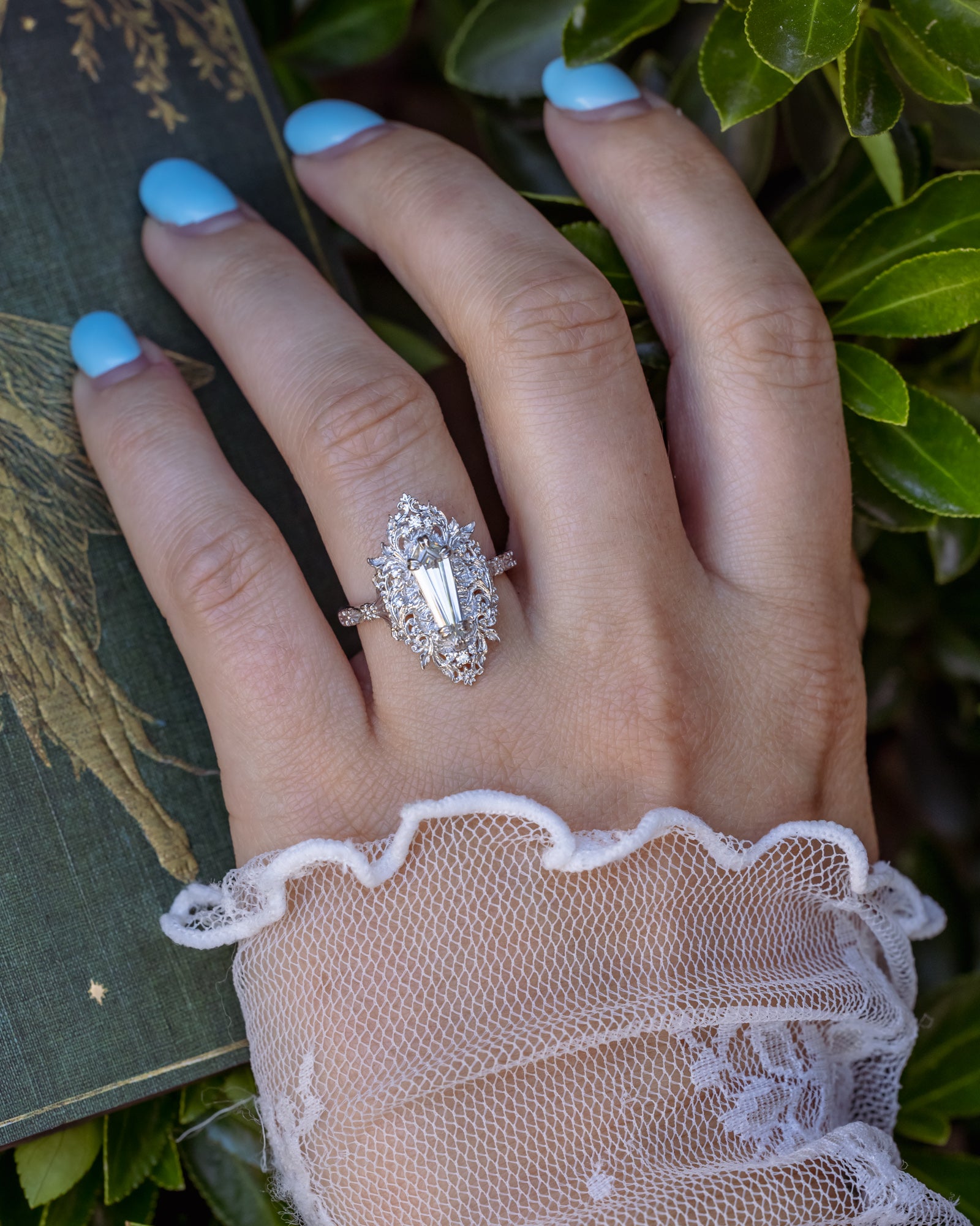 "Cherie" - Rococo-Style Dagger Cut Moissanite Engagement Ring With Diamond Accents-Staghead Designs