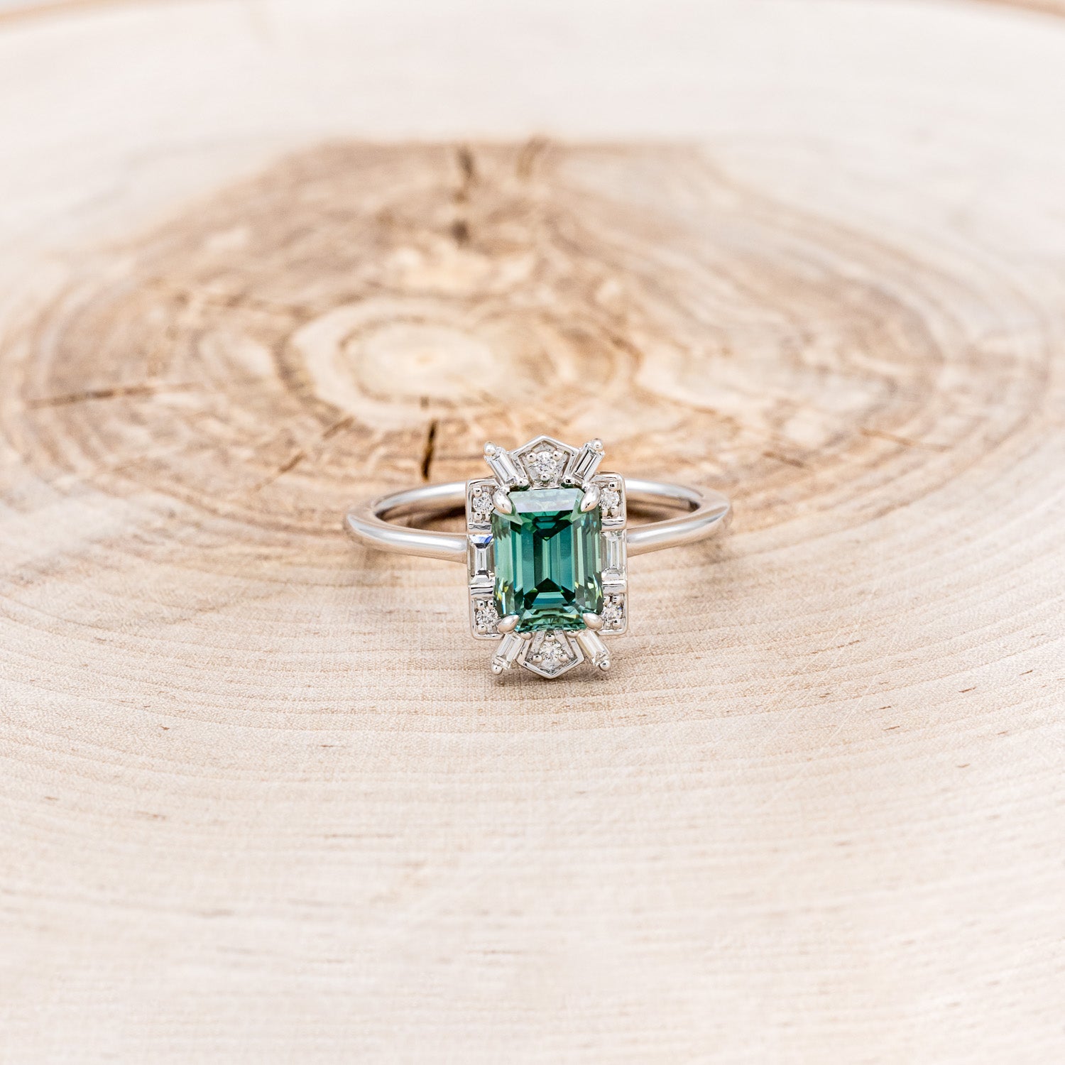 "CLEOPATRA" - EMERALD CUT GREEN MOISSANITE ENGAGEMENT RING WITH DIAMOND ACCENTS-2