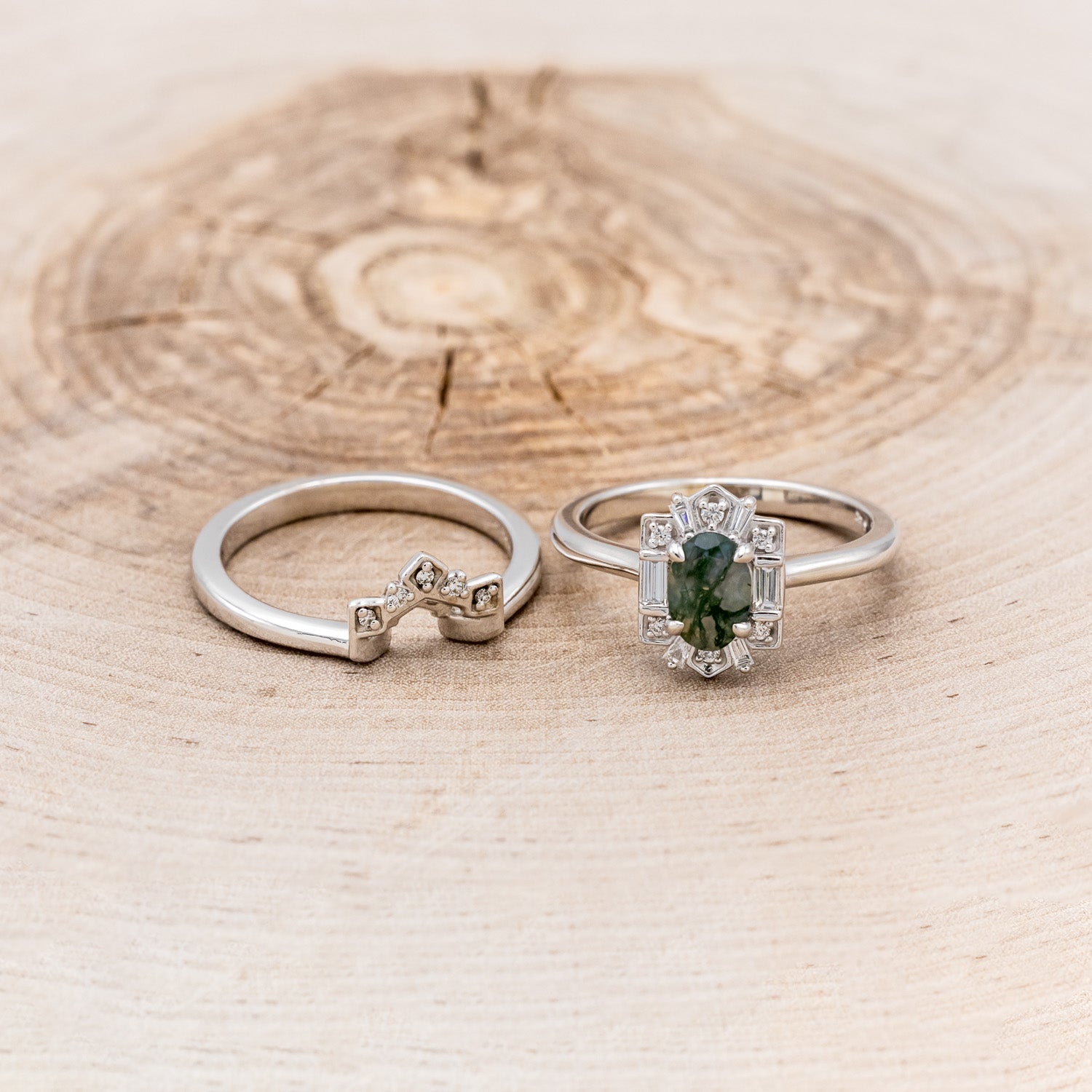 "CLEOPATRA" - OVAL MOSS AGATE ENGAGEMENT RING WITH DIAMOND ACCENTS & TRACER-6