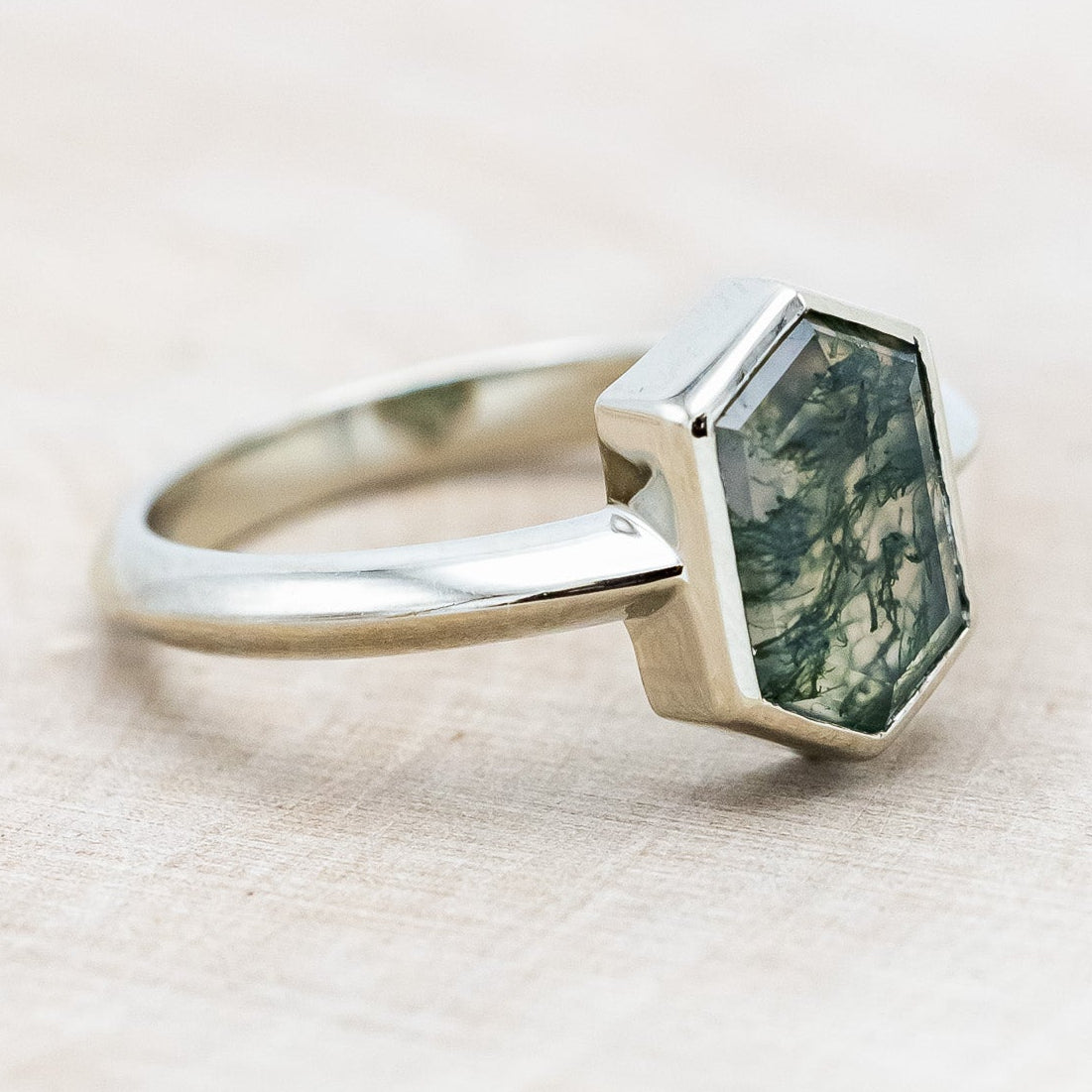 "CORA" - ELONGATED HEXAGON CUT MOSS AGATE SOLITAIRE ENGAGEMENT RING-Staghead Designs