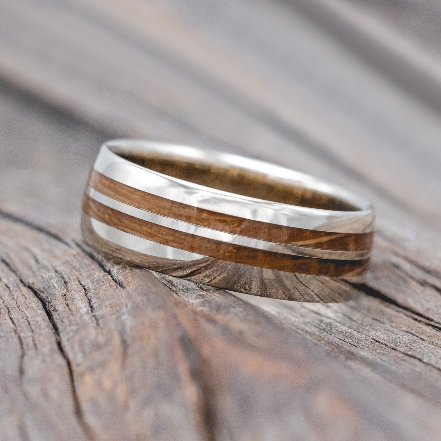 "COSMO" - DOMED WHISKEY BARREL OAK WEDDING RING-Staghead Designs