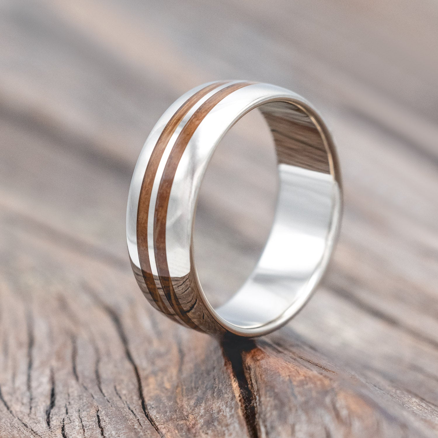 "COSMO" - DOMED WHISKEY BARREL OAK WEDDING RING-Staghead Designs