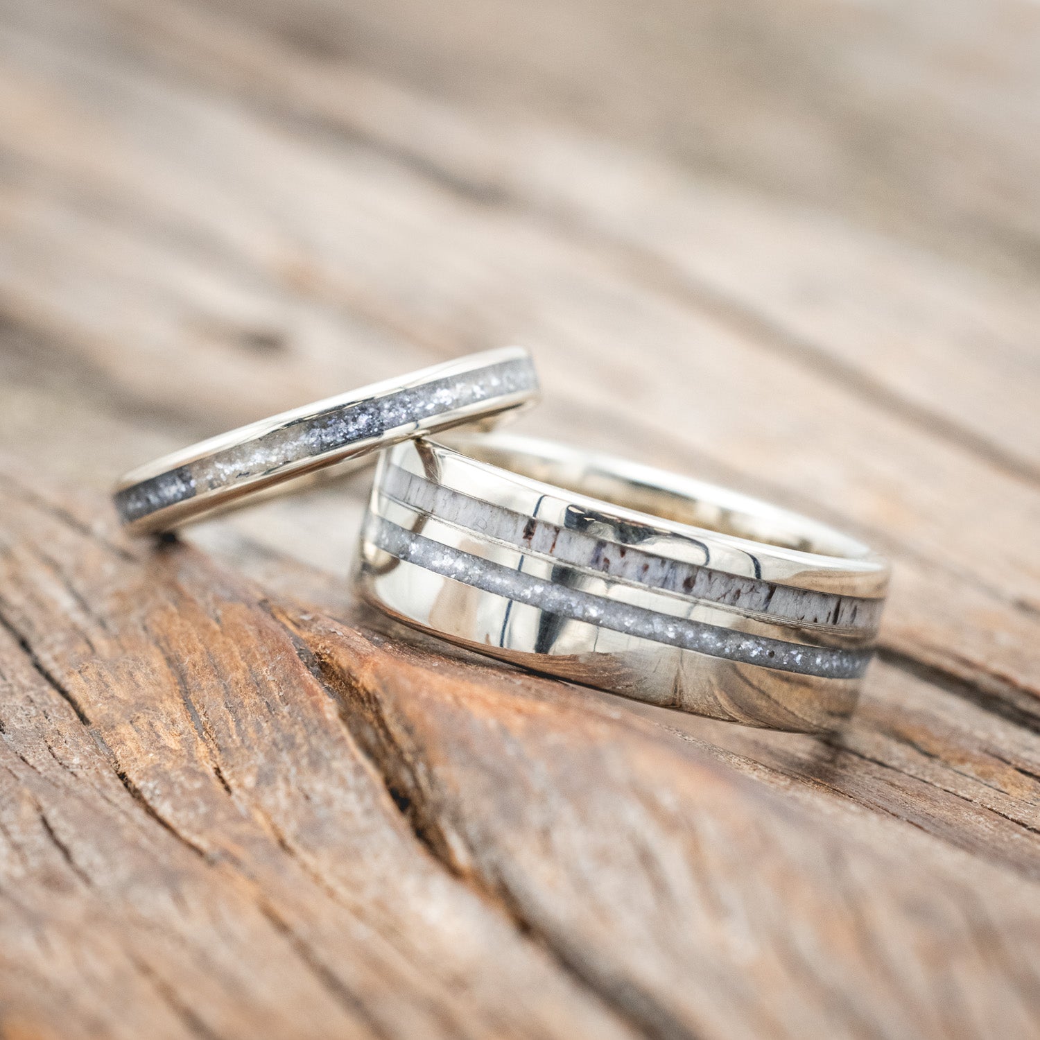 "COSMO" - MATCHING SET OF ANTLER & DIAMOND DUST WEDDING BANDS-Staghead Designs