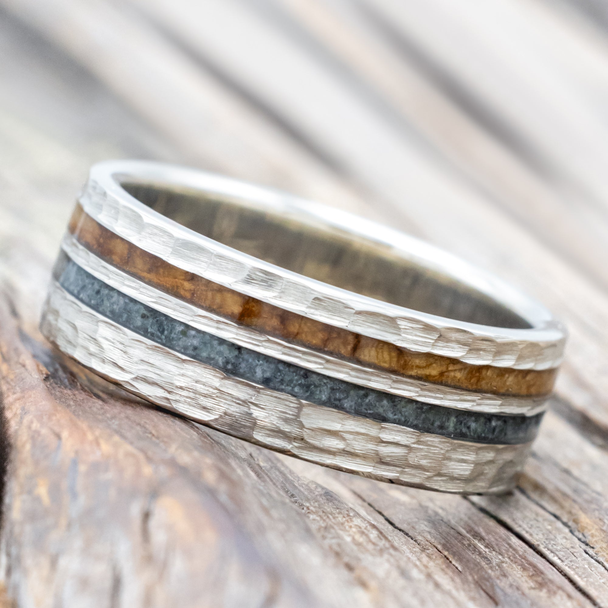 "COSMO" - WHISKEY BARREL OAK & MOSS AGATE WEDDING RING FEATURING A HAMMERED FINISH-Staghead Designs