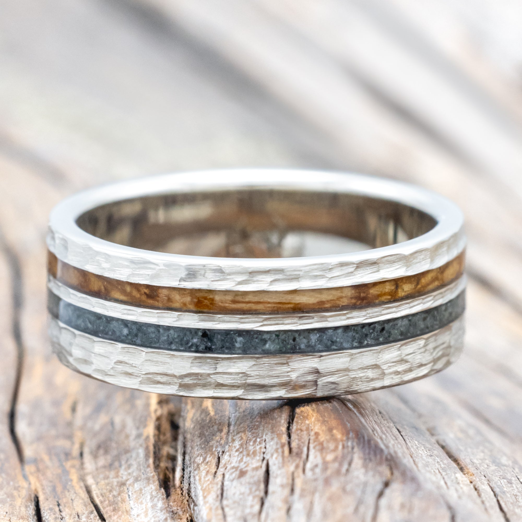 "COSMO" - WHISKEY BARREL OAK & MOSS AGATE WEDDING RING FEATURING A HAMMERED FINISH-Staghead Designs