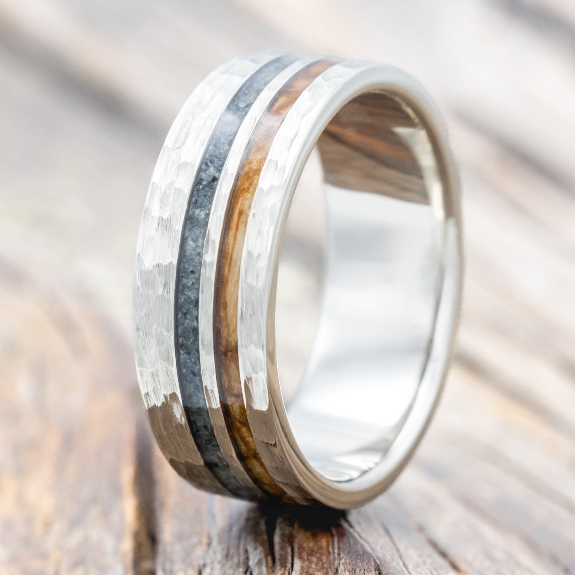 "COSMO" - WHISKEY BARREL OAK & MOSS AGATE WEDDING RING FEATURING A HAMMERED FINISH-Staghead Designs