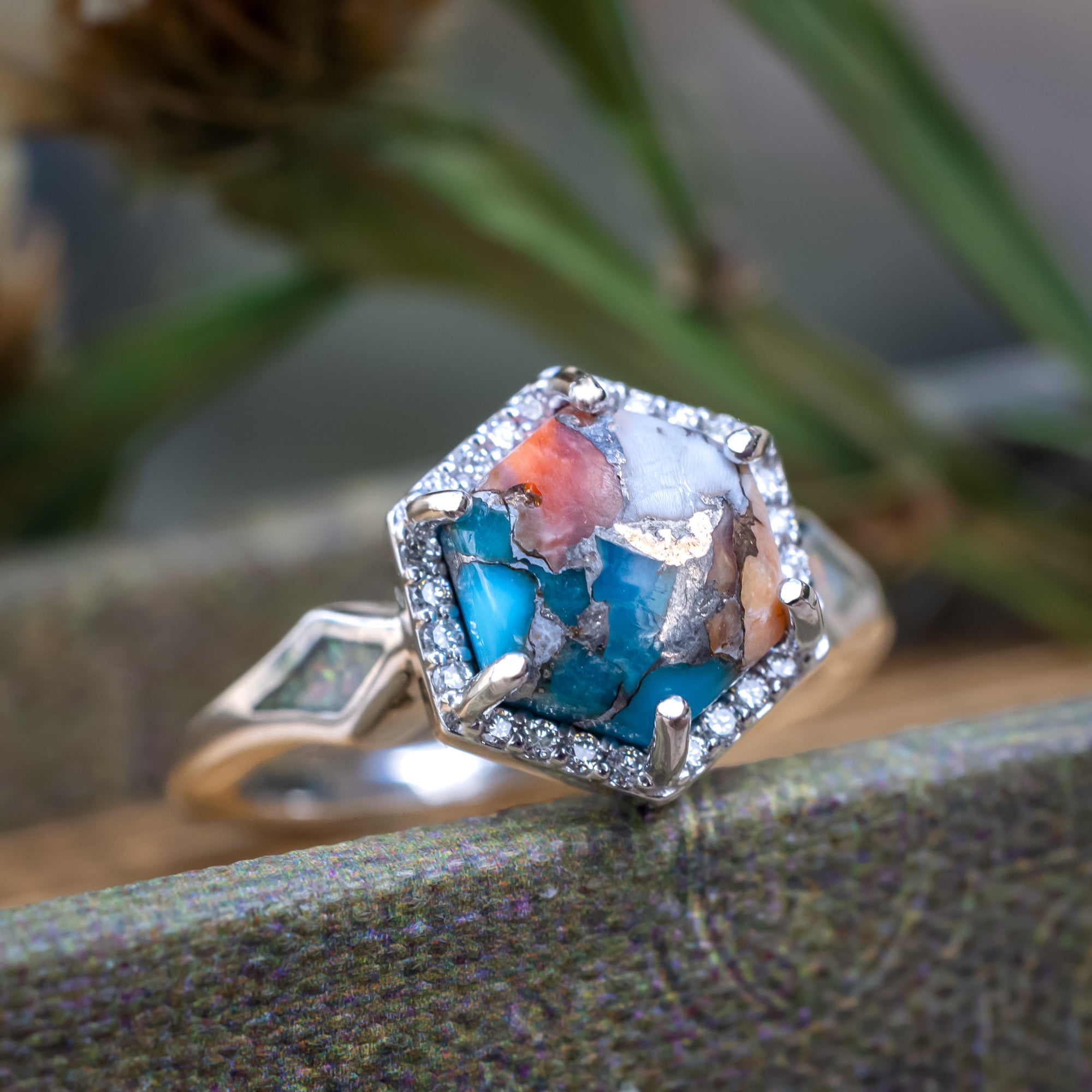 "Crazy On You" - Hexagon Cut Spiny Oyster Turquoise Engagement Ring With Diamond Halo And Fire & Ice Opal Inlays-Staghead Designs