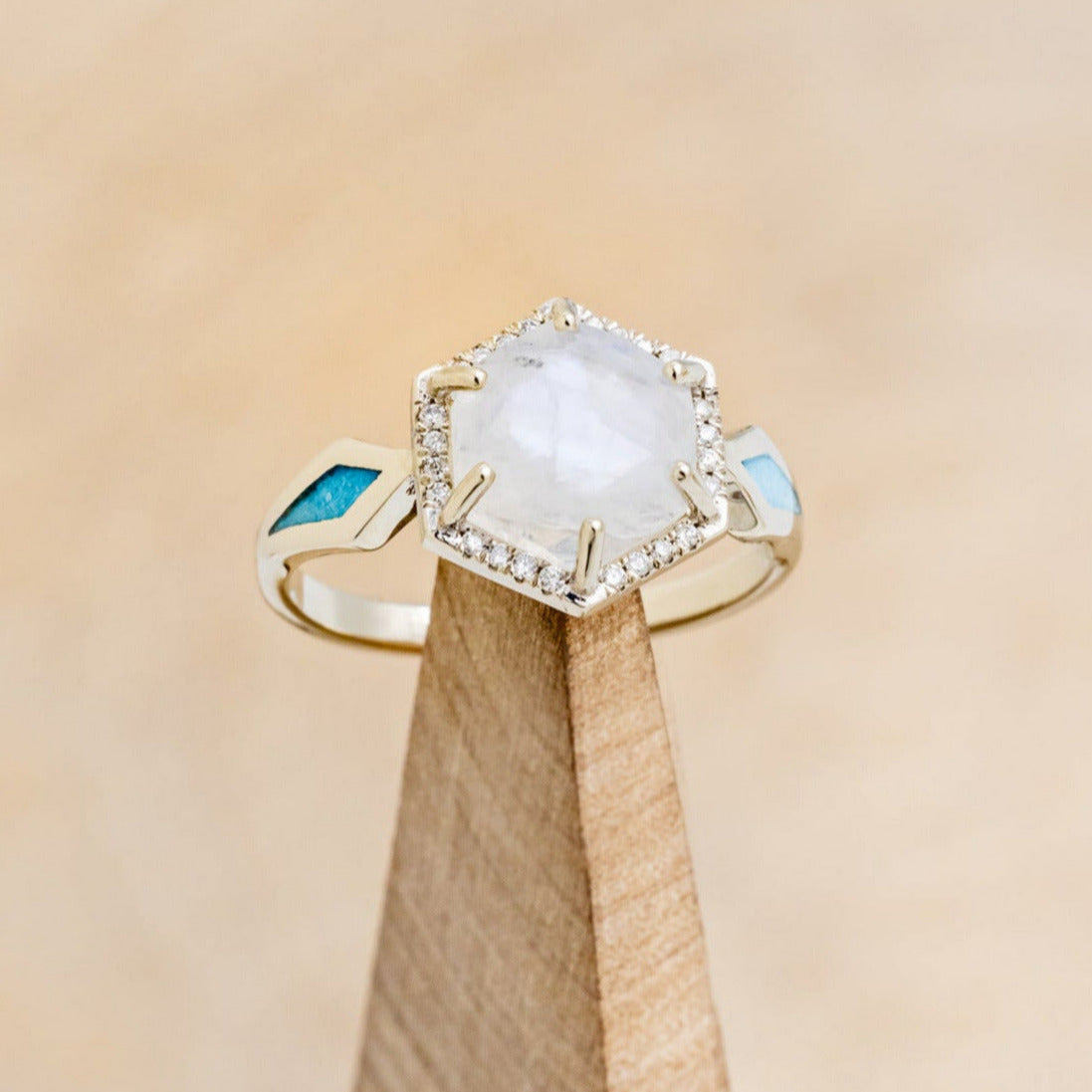 "CRAZY ON YOU" - HEXAGON MOONSTONE ENGAGEMENT RING WITH DIAMOND HALO & TURQUOISE INLAYS-7