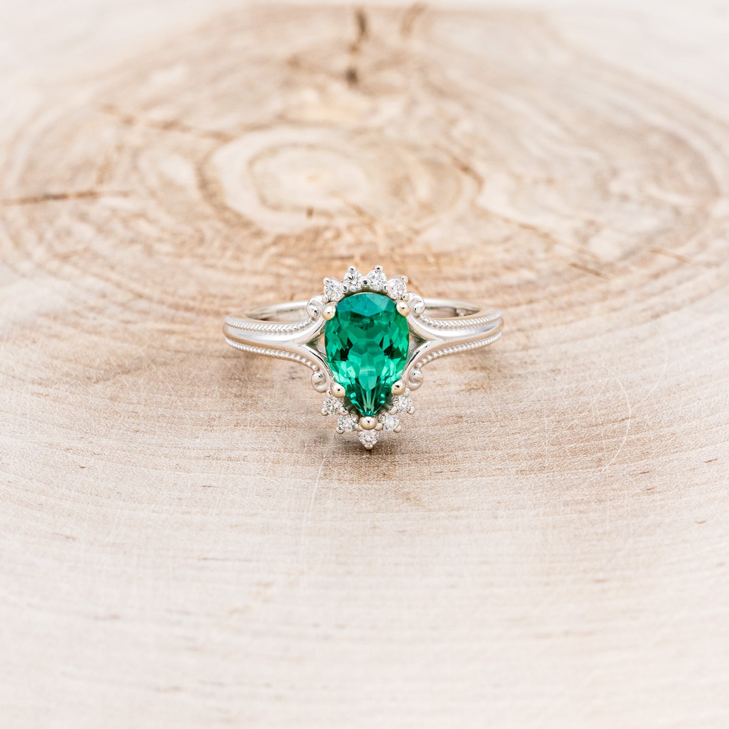 "DESTINY" - PEAR-SHAPED LAB-GROWN EMERALD ENGAGEMENT RING WITH DIAMOND ACCENTS-4