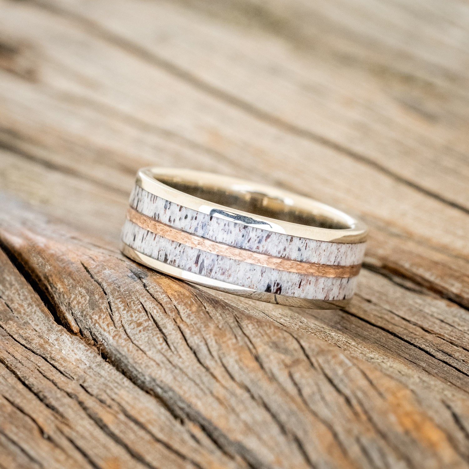 "DYAD" - ELK ANTLER WEDDING BAND WITH A HAMMERED 14K GOLD INLAY-2