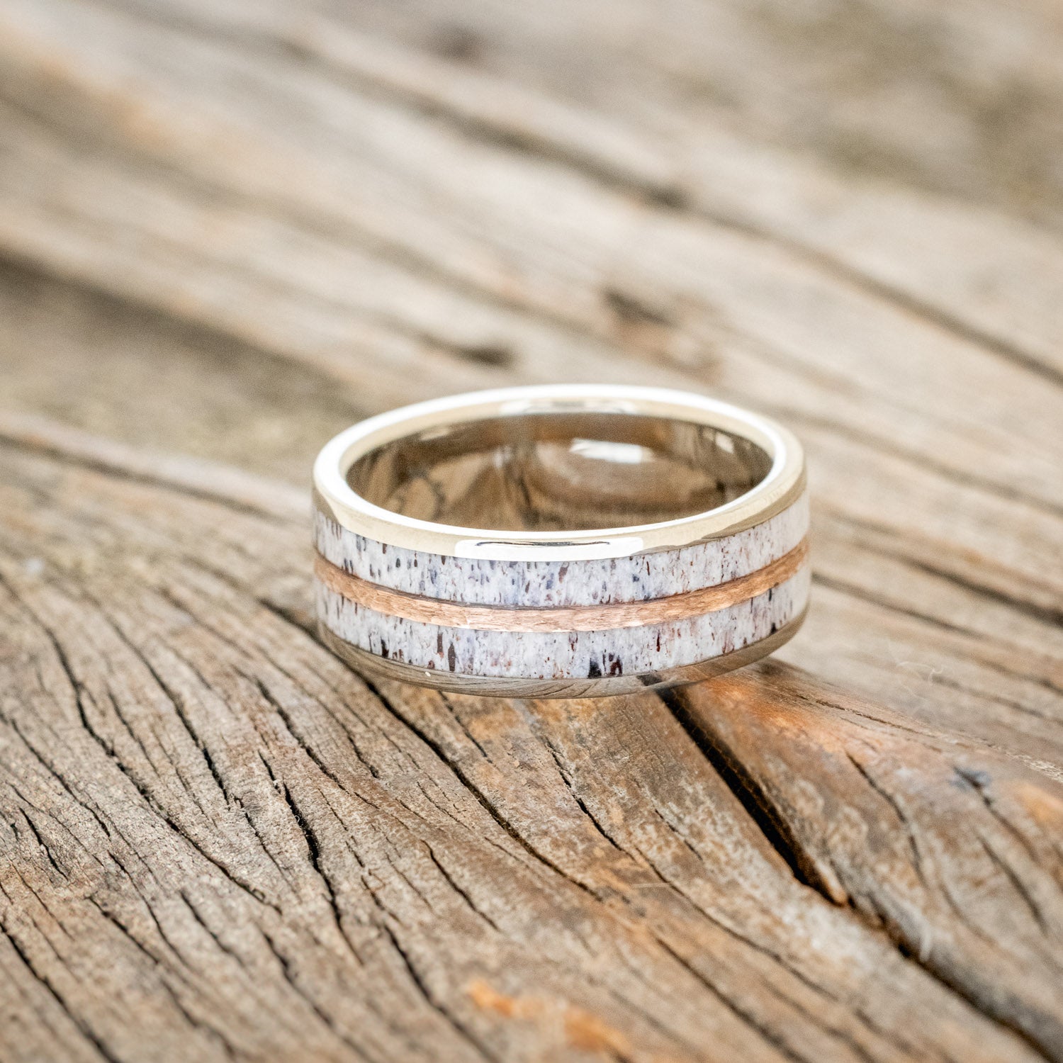 "DYAD" - ELK ANTLER WEDDING BAND WITH A HAMMERED 14K GOLD INLAY-3