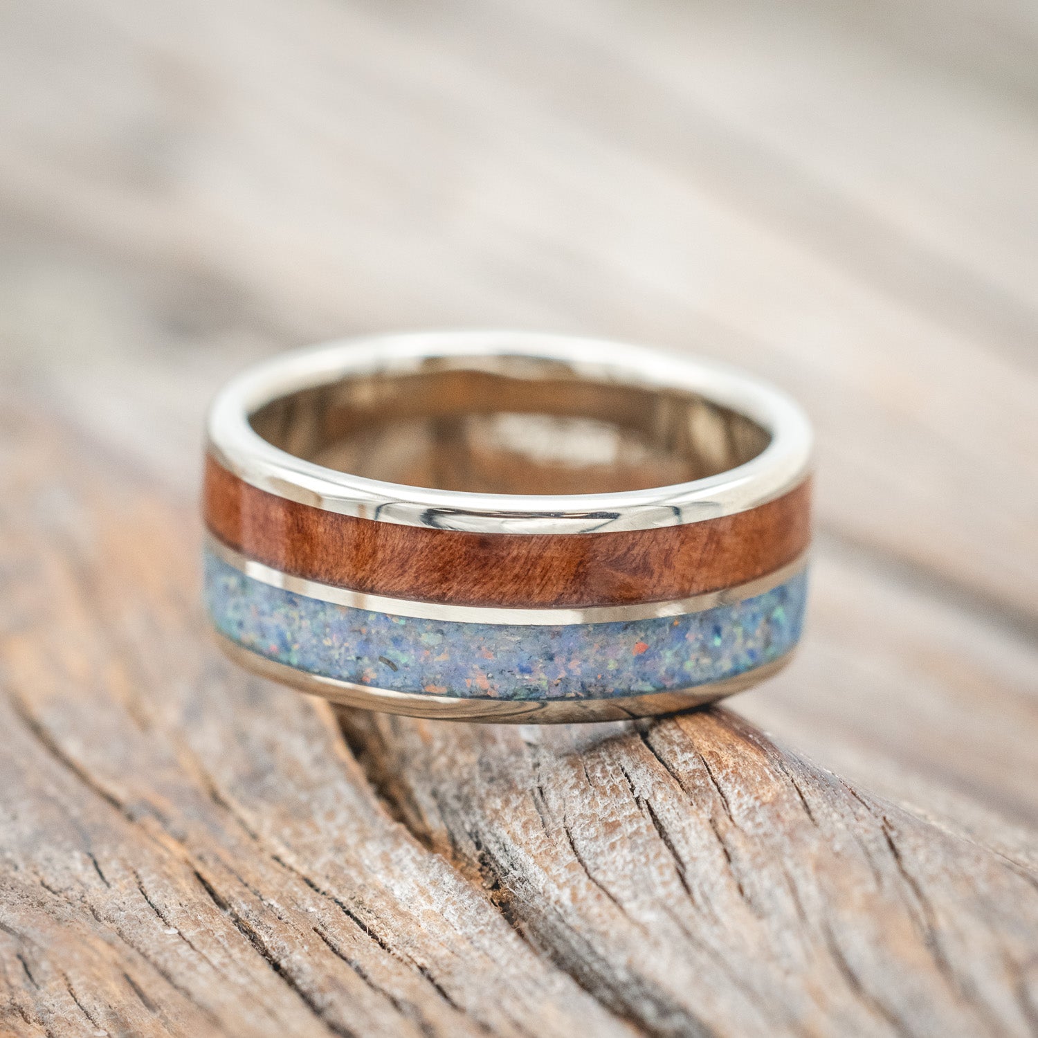 "DYAD" - COTTON CANDY OPAL & REDWOOD WEDDING BAND-Staghead Designs