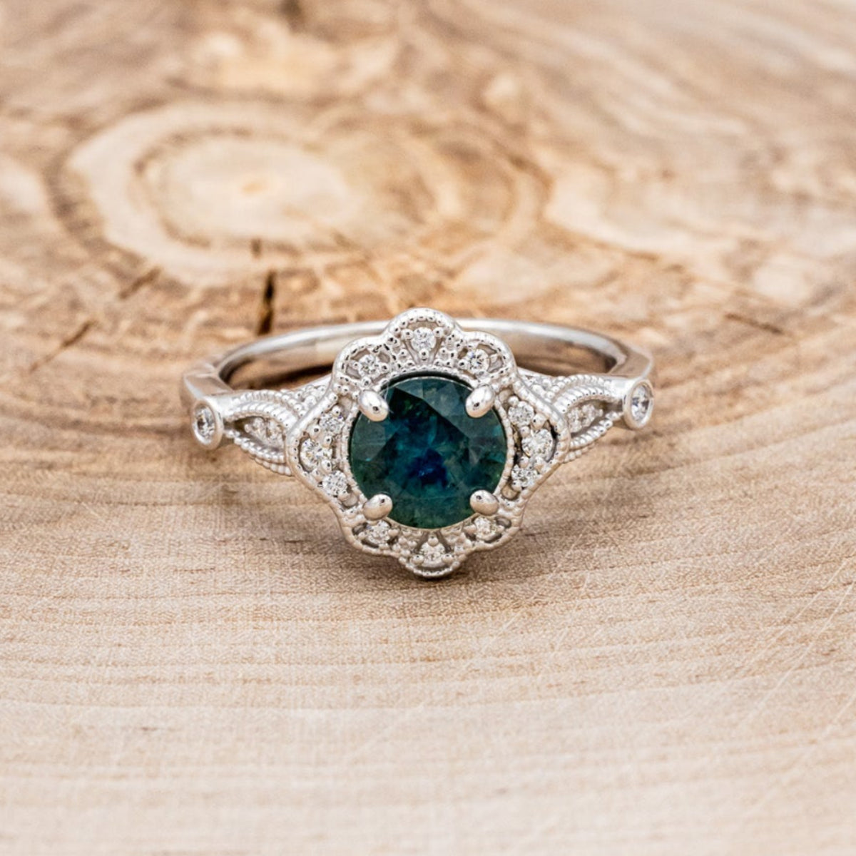 "EILEEN" - ROUND CUT MONTANA SAPPHIRE ENGAGEMENT RING WITH DIAMOND ACCENTS & TRACER-7