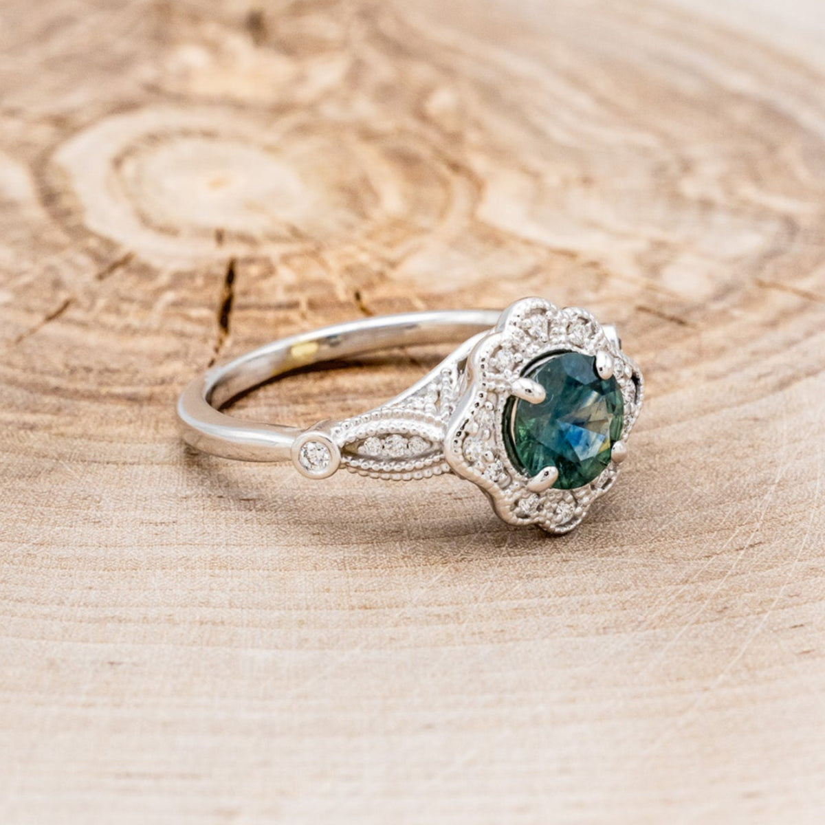 "EILEEN" - ROUND CUT MONTANA SAPPHIRE ENGAGEMENT RING WITH DIAMOND ACCENTS & TRACER-5