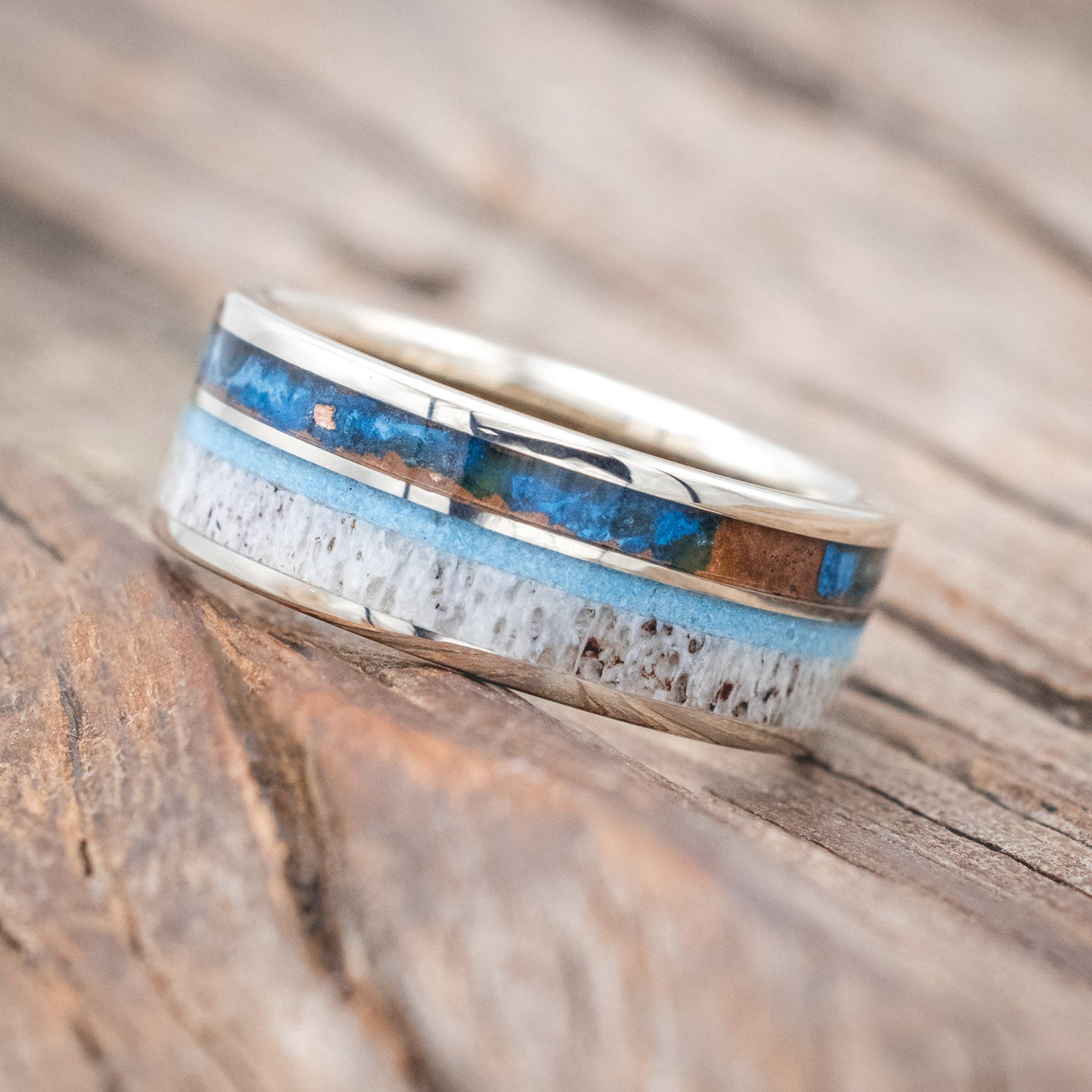 "ELEMENT" - PATINA COPPER, ANTLER & TURQUOISE WEDDING BAND-Staghead Designs