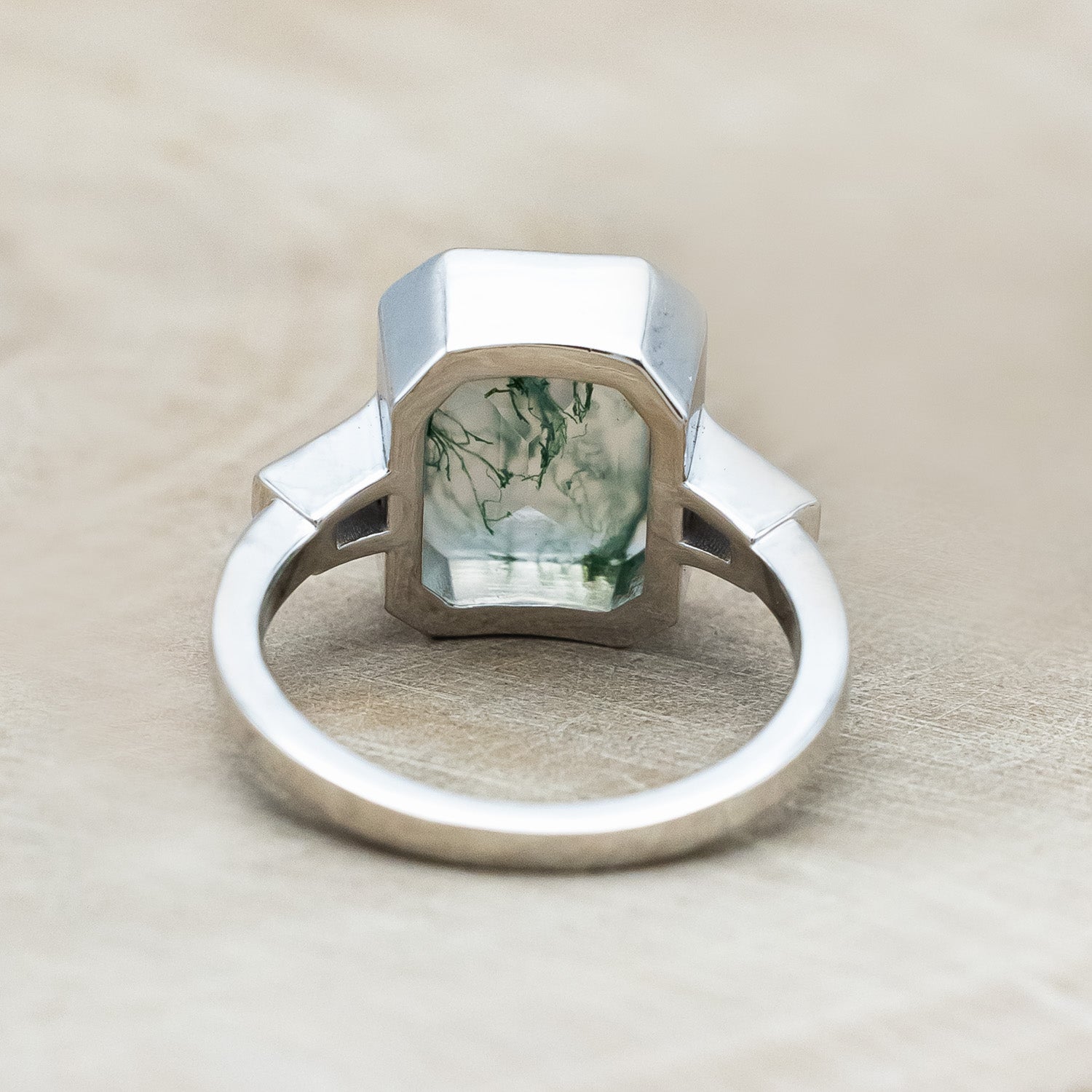 "ALYS" - EMERALD CUT MOSS AGATE ENGAGEMENT RING WITH DIAMOND ACCENTS-Staghead Designs
