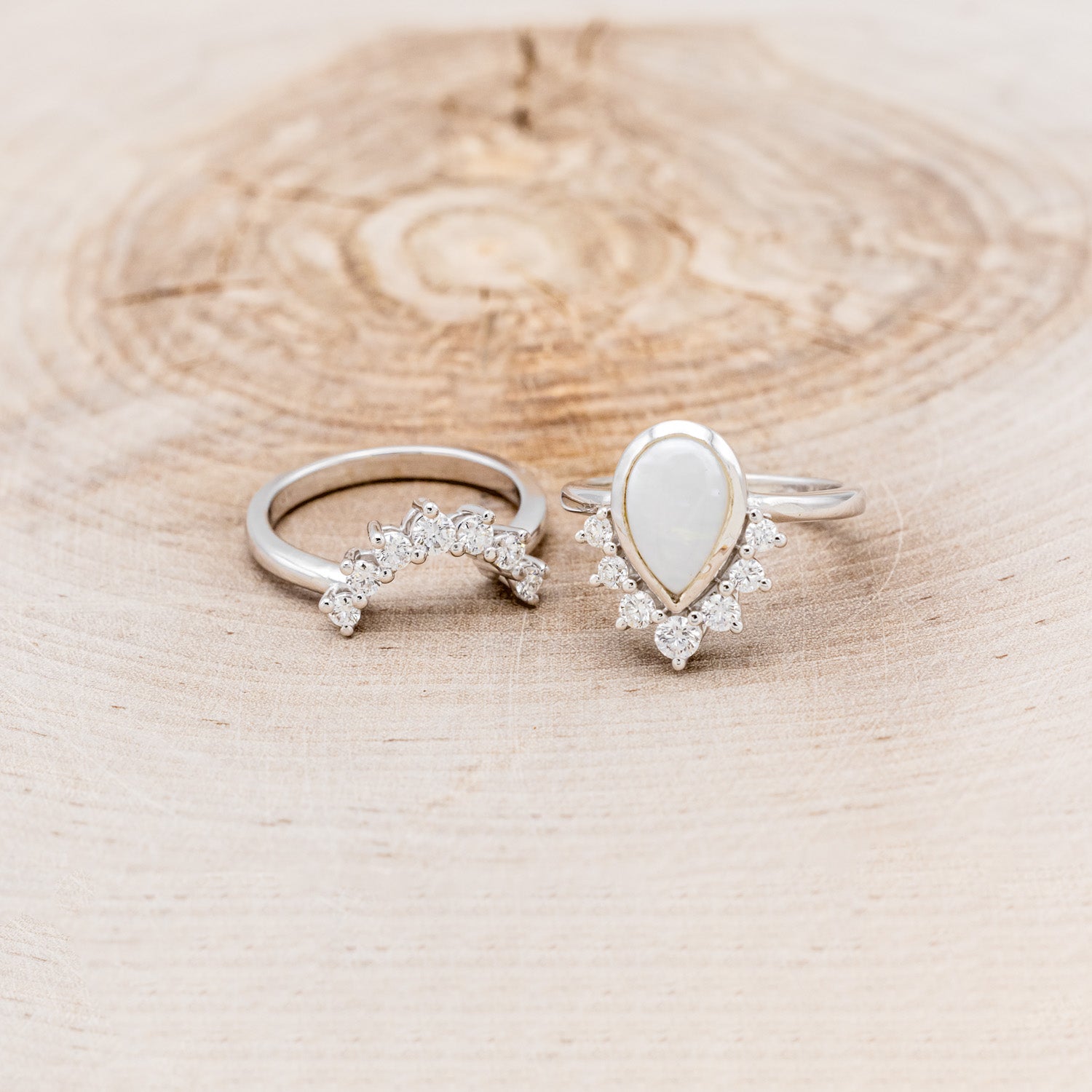 "ESMERALDA" - PEAR-CUT OPAL WEDDING BAND WITH DIAMOND ACCENTS & TRACER-6