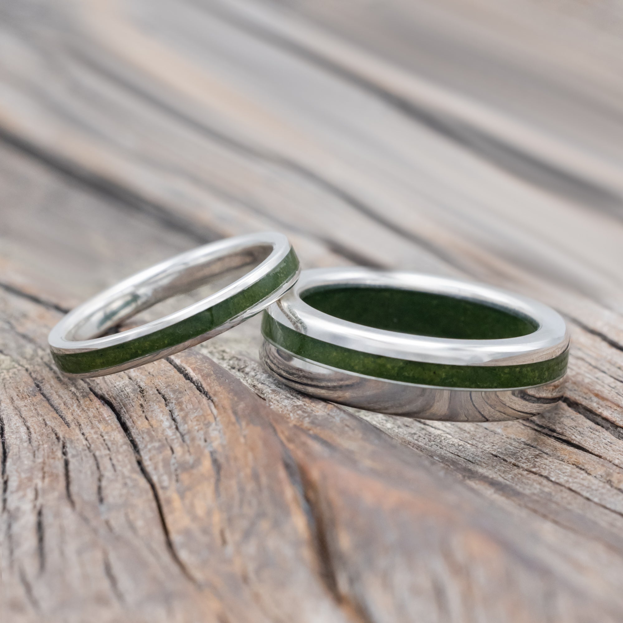 "VERTIGO" - MATCHING SET OF MOSS INLAY & LINING WEDDING BANDS-Staghead Designs