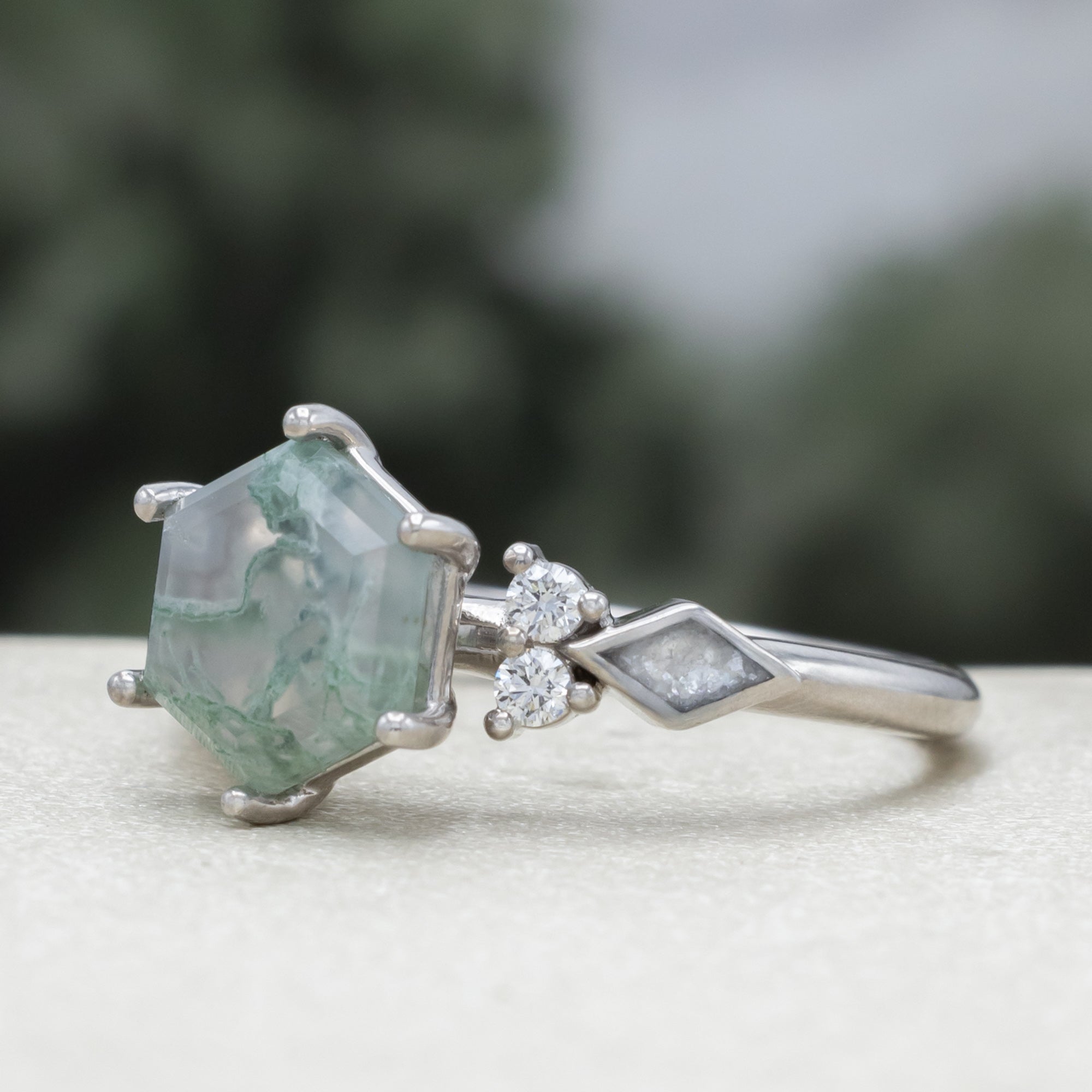"Everett" - Hexagon Cut Moss Agate Engagement Ring With Diamond Accents & Diamond Dust Inlays-Staghead Designs