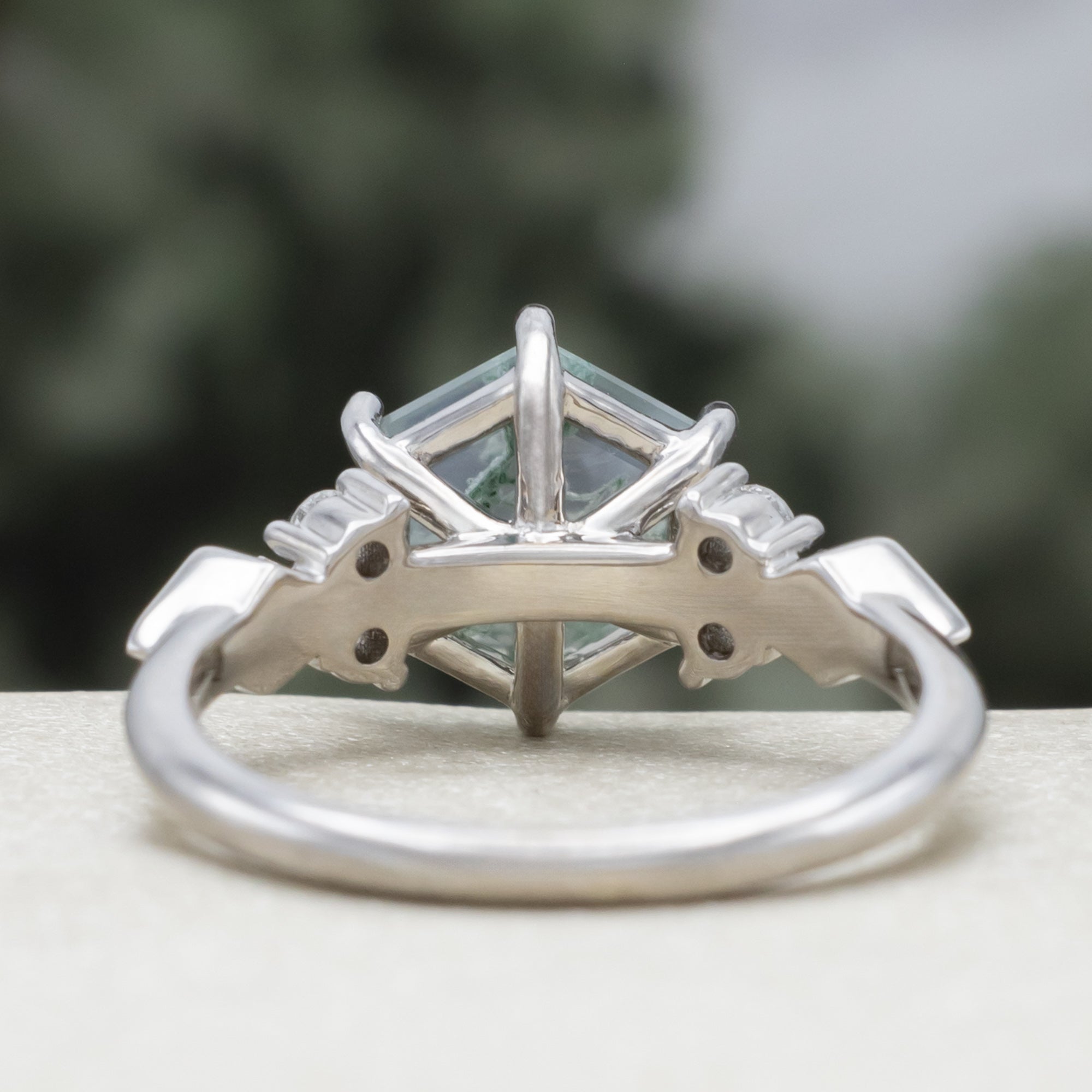 "Everett" - Hexagon Cut Moss Agate Engagement Ring With Diamond Accents & Diamond Dust Inlays-Staghead Designs