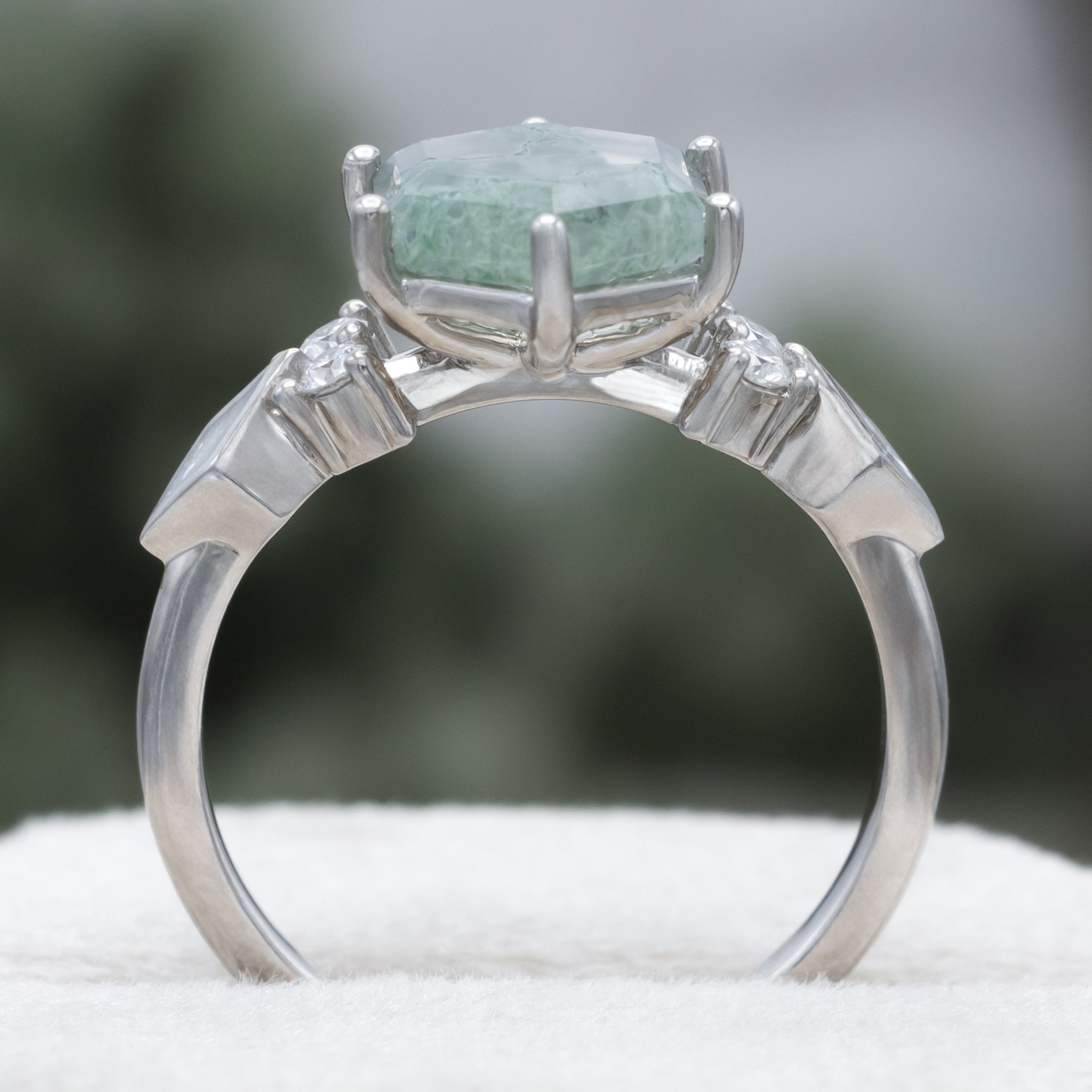 "Everett" - Hexagon Cut Moss Agate Engagement Ring With Diamond Accents & Diamond Dust Inlays-Staghead Designs