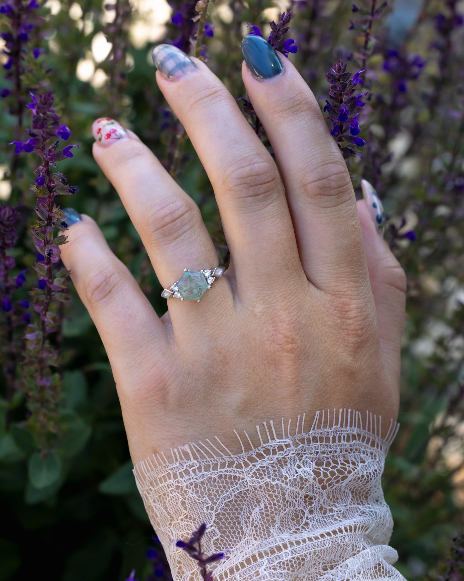 "Everett" - Hexagon Cut Moss Agate Engagement Ring With Diamond Accents & Diamond Dust Inlays-Staghead Designs