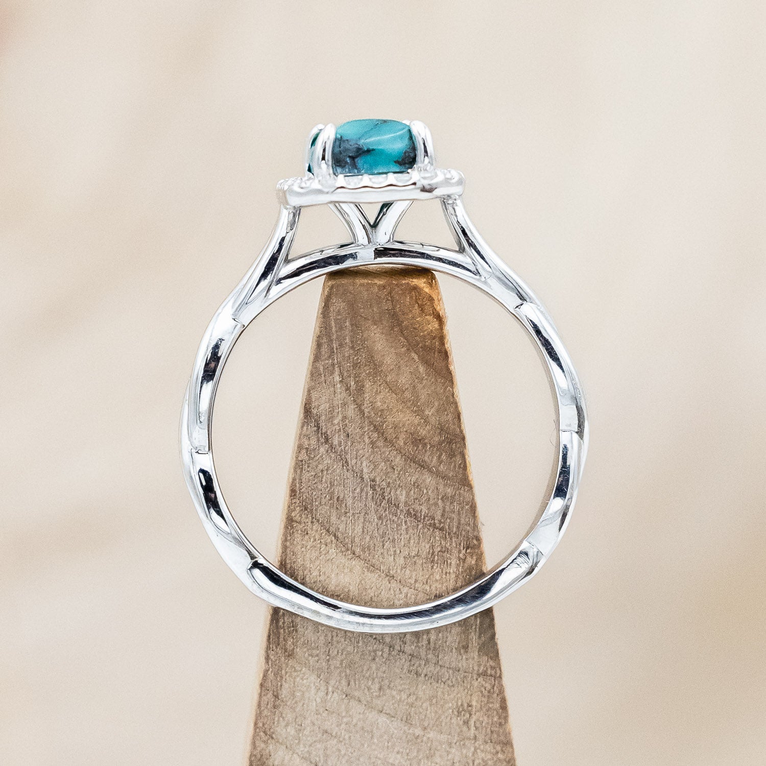 "EVERLEIGH" - EMERALD CUT TURQUOISE WEDDING BAND SET WITH DIAMOND HALO & TWISTED STACKING BAND-Staghead Designs