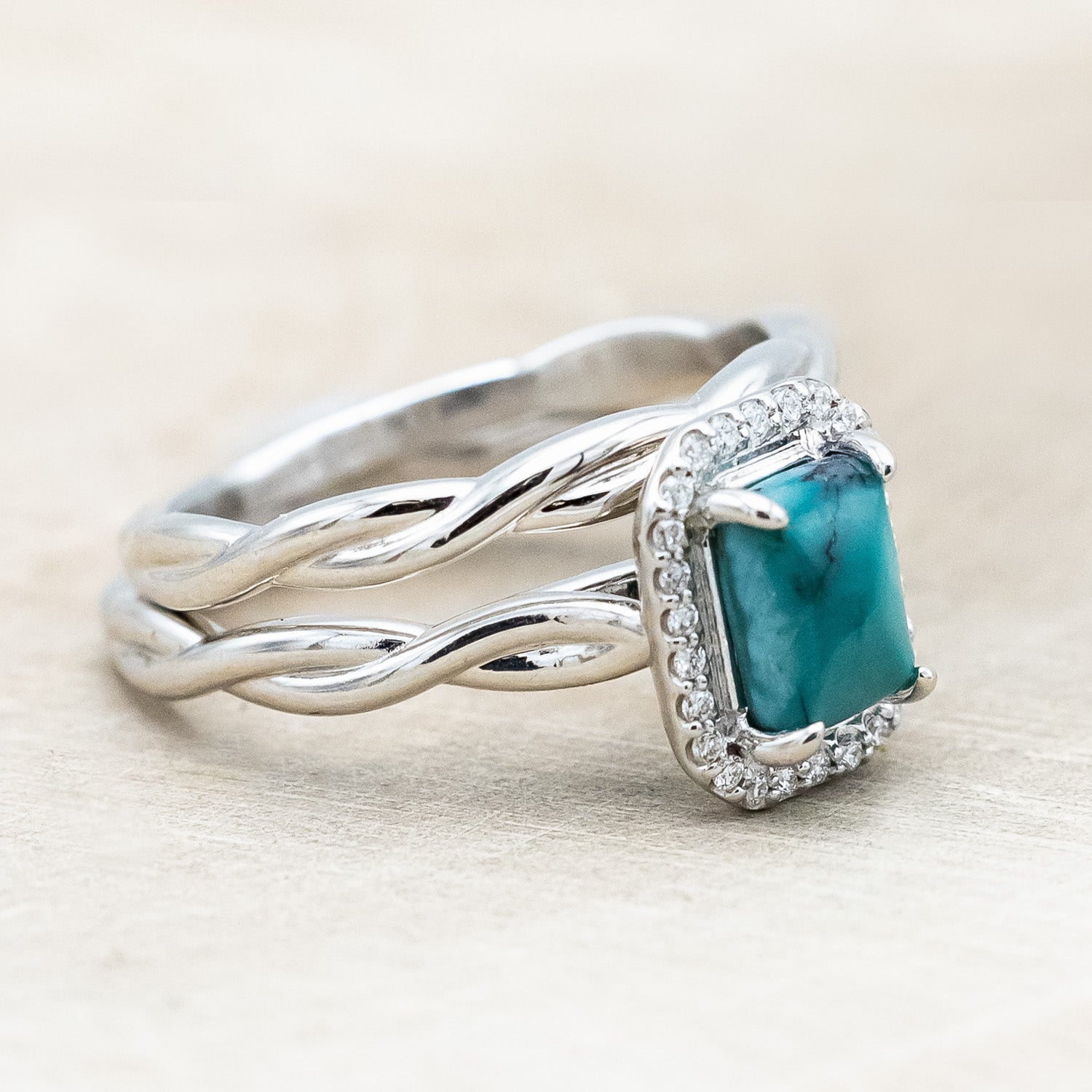 "EVERLEIGH" - EMERALD CUT TURQUOISE WEDDING BAND SET WITH DIAMOND HALO & TWISTED STACKING BAND-Staghead Designs