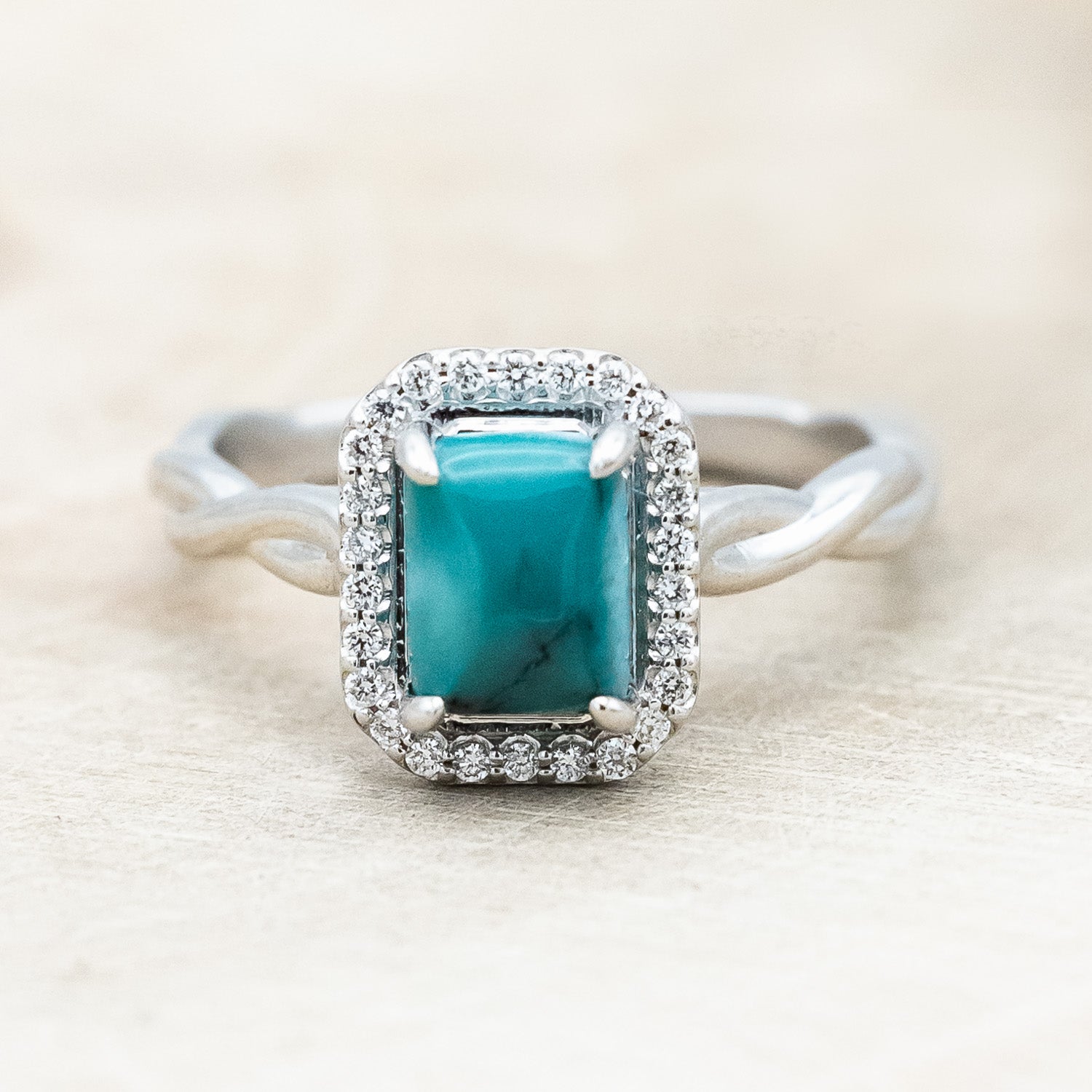 "EVERLEIGH" - EMERALD CUT TURQUOISE WEDDING BAND SET WITH DIAMOND HALO & TWISTED STACKING BAND-Staghead Designs