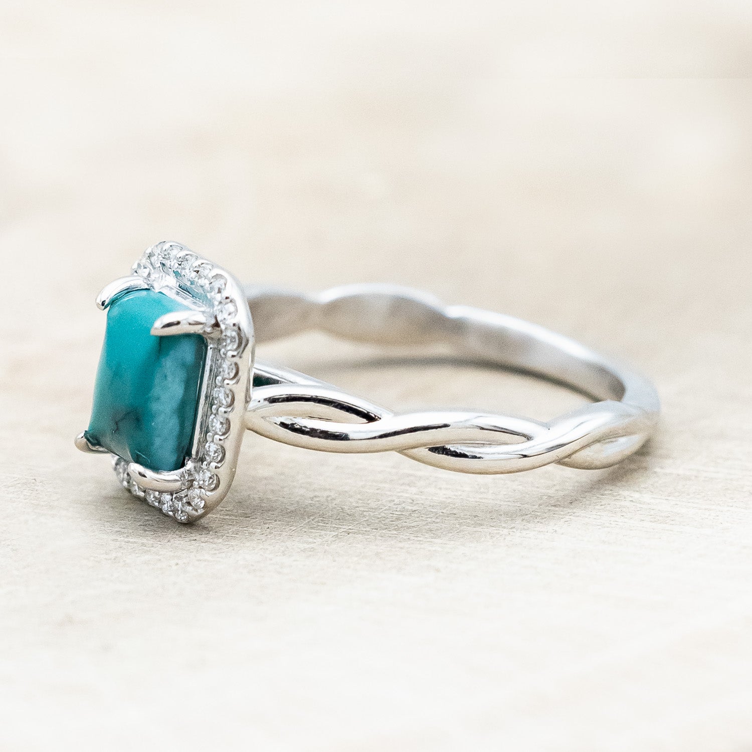 "EVERLEIGH" - EMERALD CUT TURQUOISE WEDDING BAND SET WITH DIAMOND HALO & TWISTED STACKING BAND-Staghead Designs