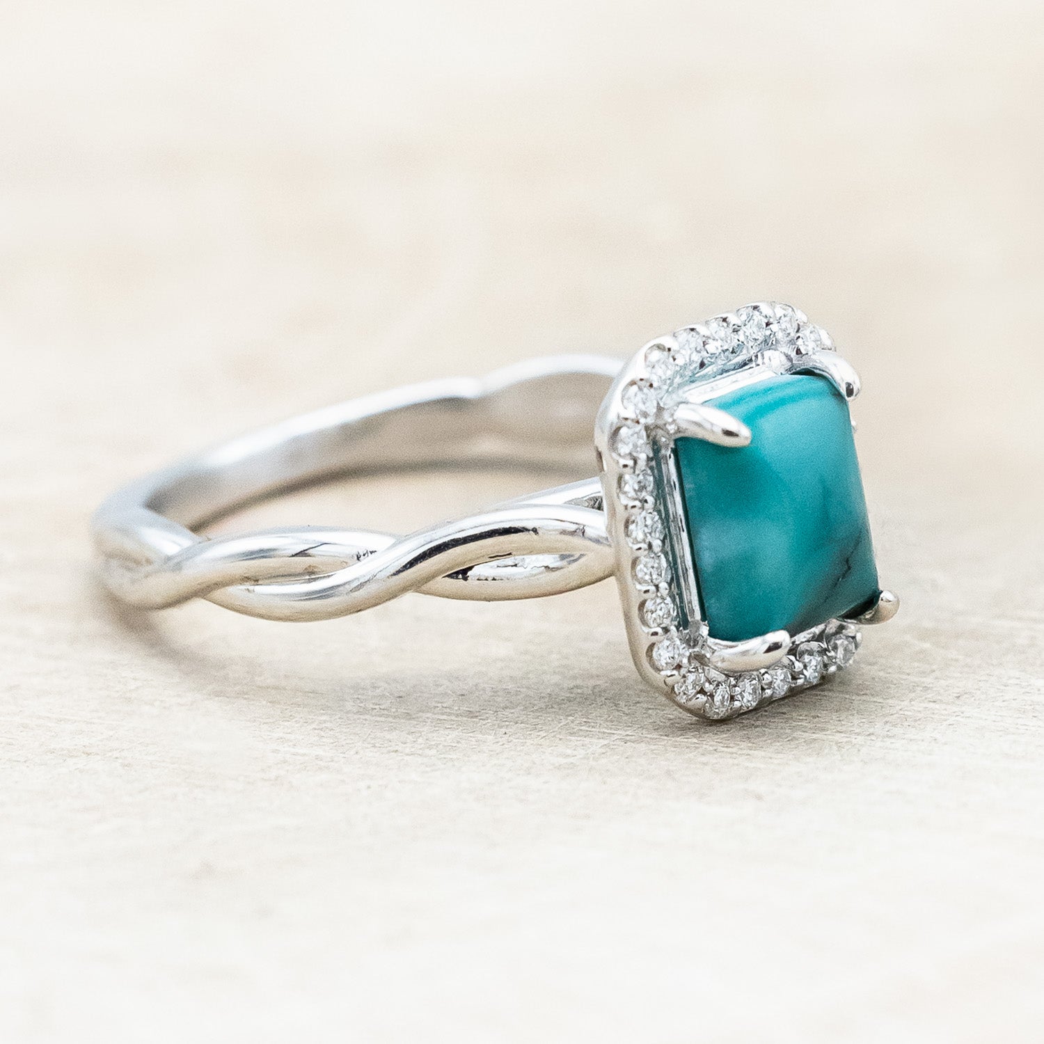 "EVERLEIGH" - EMERALD CUT TURQUOISE WEDDING BAND SET WITH DIAMOND HALO & TWISTED STACKING BAND-Staghead Designs