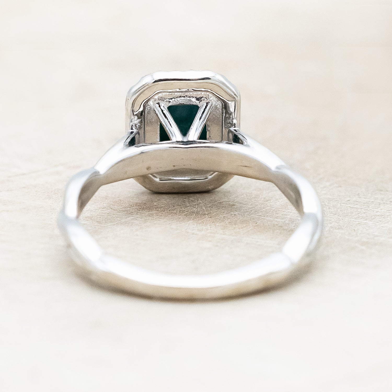 "EVERLEIGH" - EMERALD CUT TURQUOISE WEDDING BAND SET WITH DIAMOND HALO & TWISTED STACKING BAND-Staghead Designs