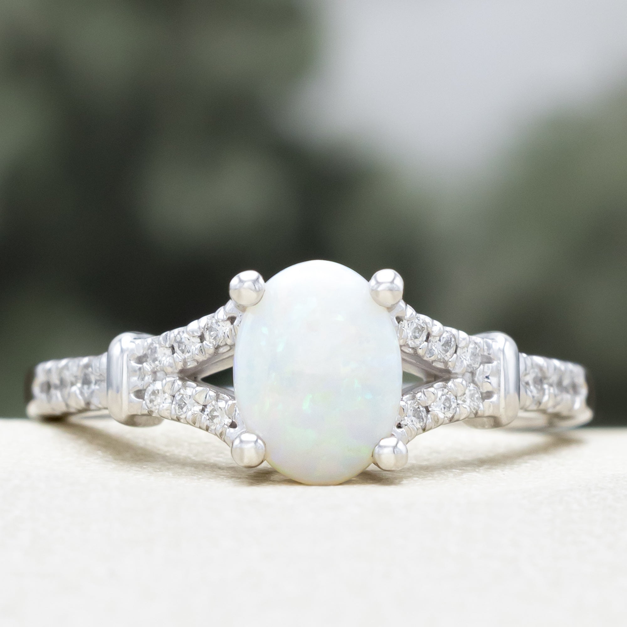 "EVLIN" - OVAL CABOCHON CUT WHITE OPAL ENGAGEMENT RING WITH DIAMOND ACCENTS & TRACER-Staghead Designs